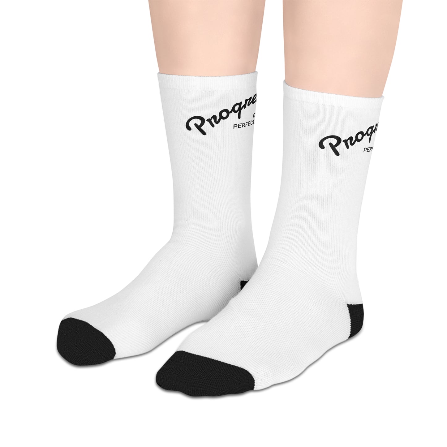 Progress crew socks white pair flat lay showing black toe and script logo design