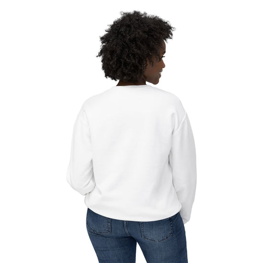 Progress over perfection white crewneck sweatshirt back view, unisex motivational pullover with clean design