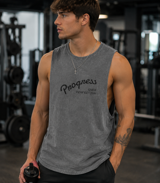 Progress Over Perfection Stonewash Tank Top – Motivational Unisex Gym Vest