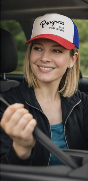 Woman wearing Progress Over Perfection trucker hat smiling lifestyle motivational cap