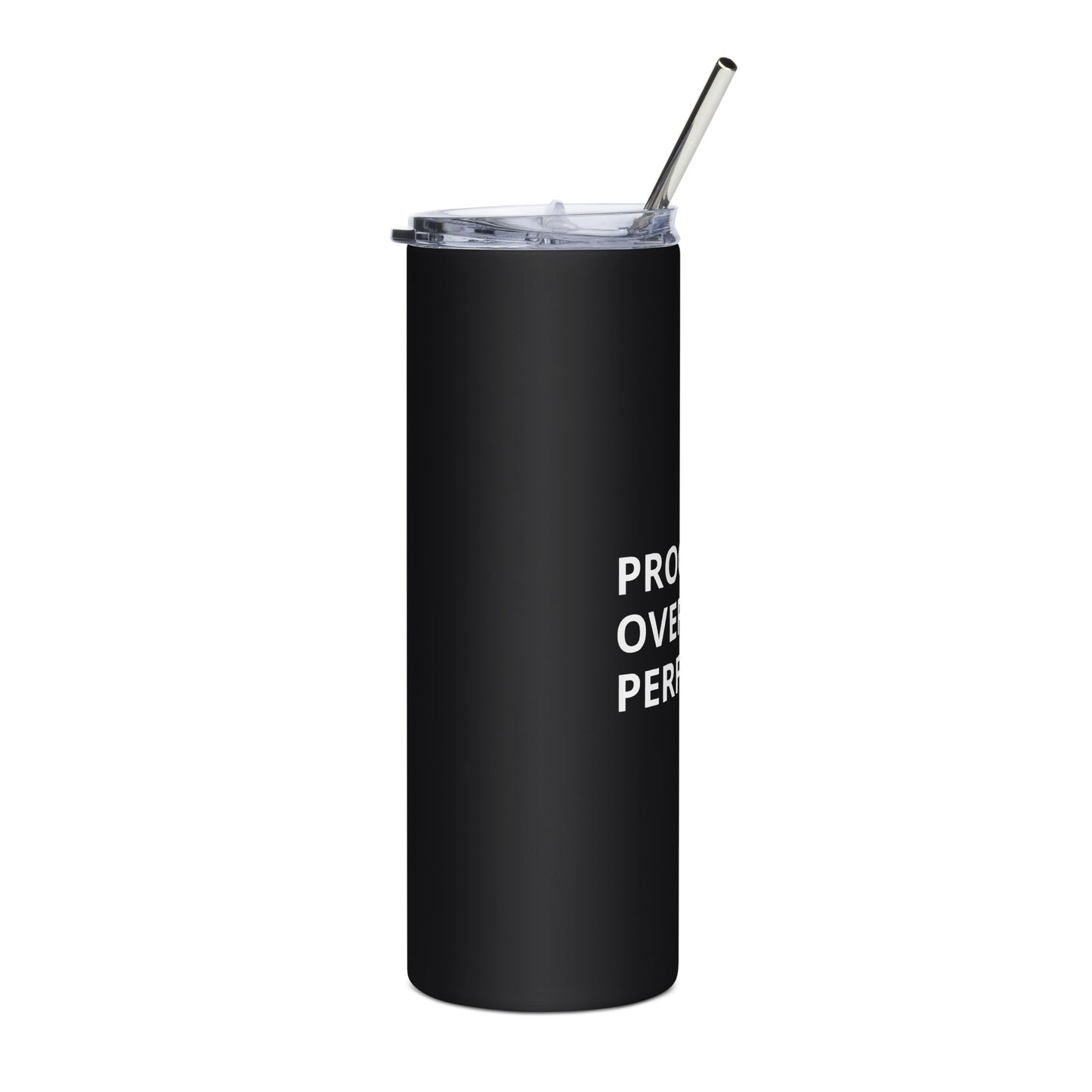 Progress Over Perfection black tumbler motivational design stainless steel right side view