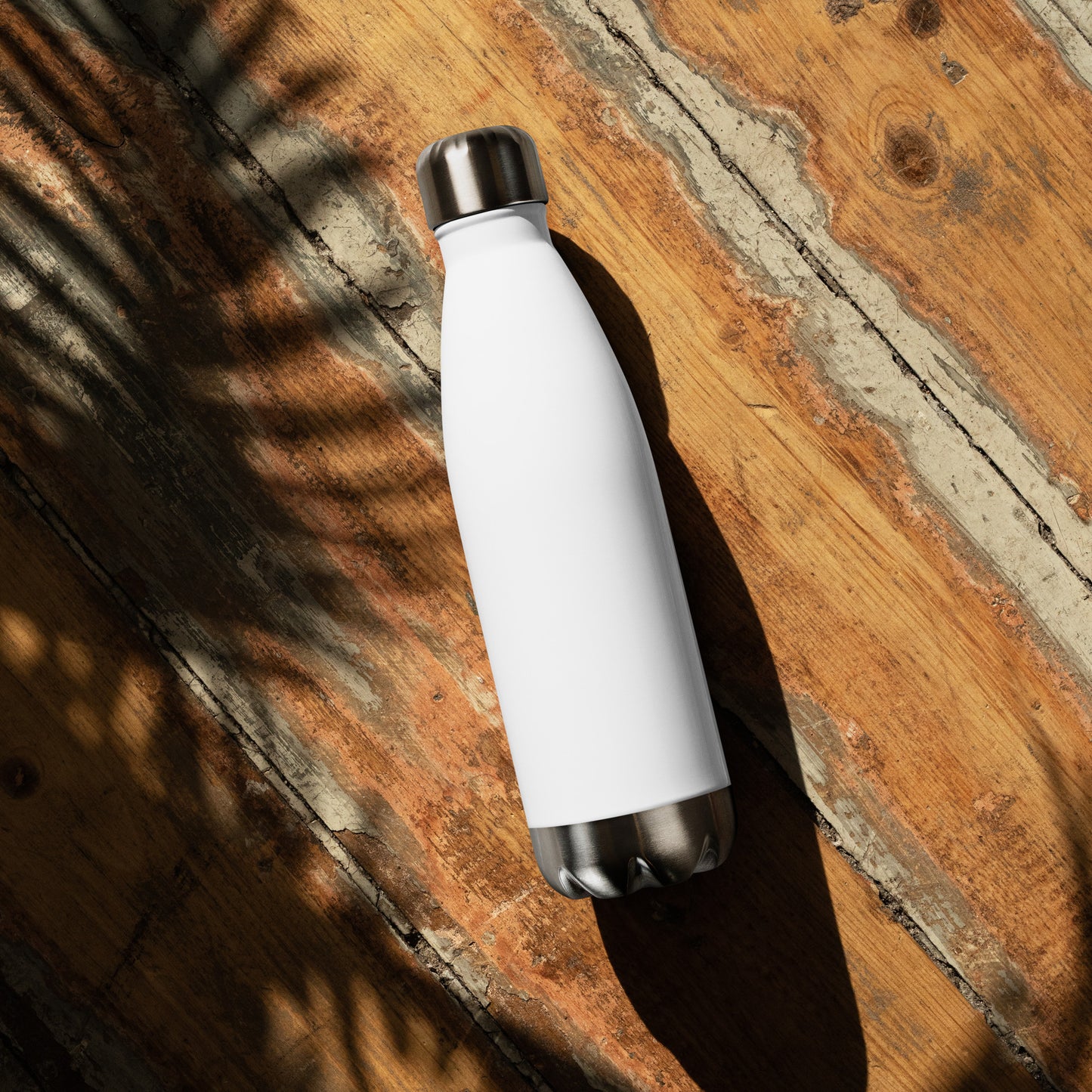 Growth motivational water bottle on wooden background, premium white insulated bottle for gym, office, and outdoor activities