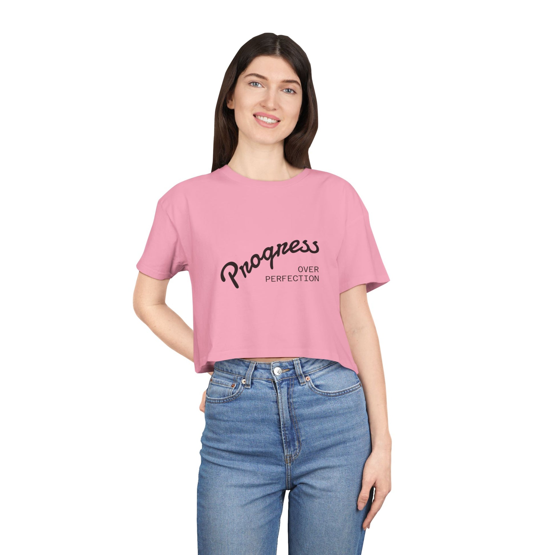 Progress Over Perfection pink crop top front view women's activewear