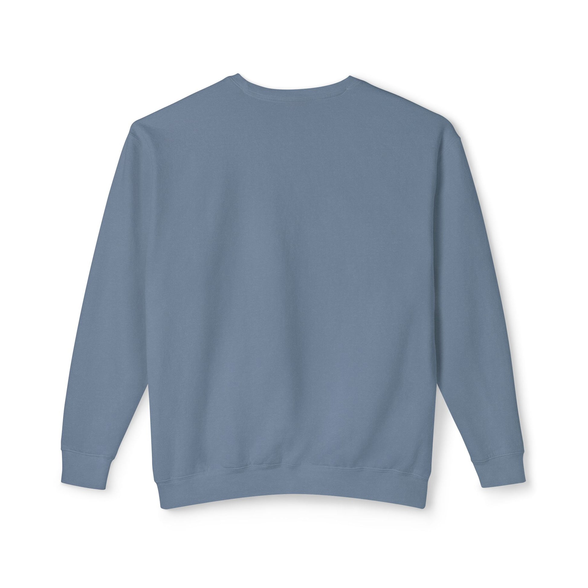 Progress over perfection blue crewneck sweatshirt product flat lay, comfortable cotton blend motivational pullover
