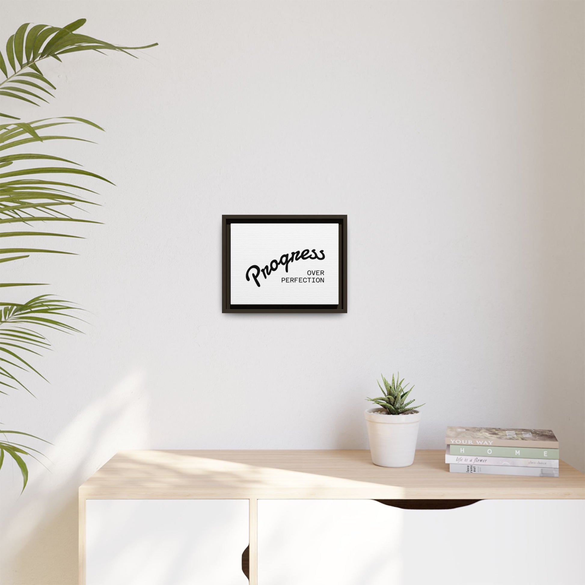 Progress Over Perfection framed wall art with coastal palm leaf and modern decor