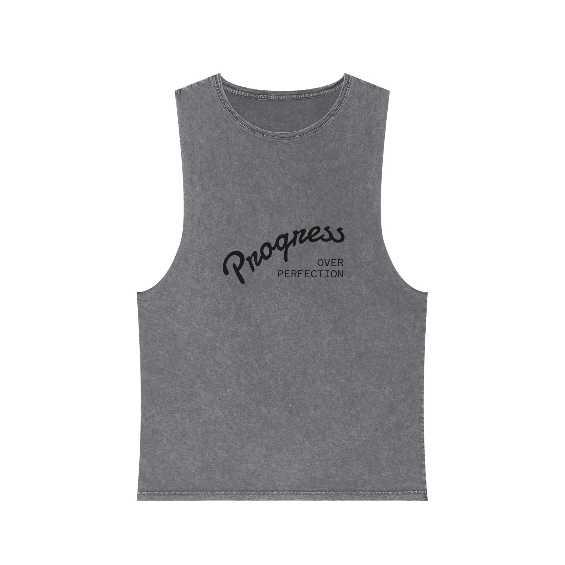 Progress Over Perfection grey muscle tank front flat lay unisex workout tank