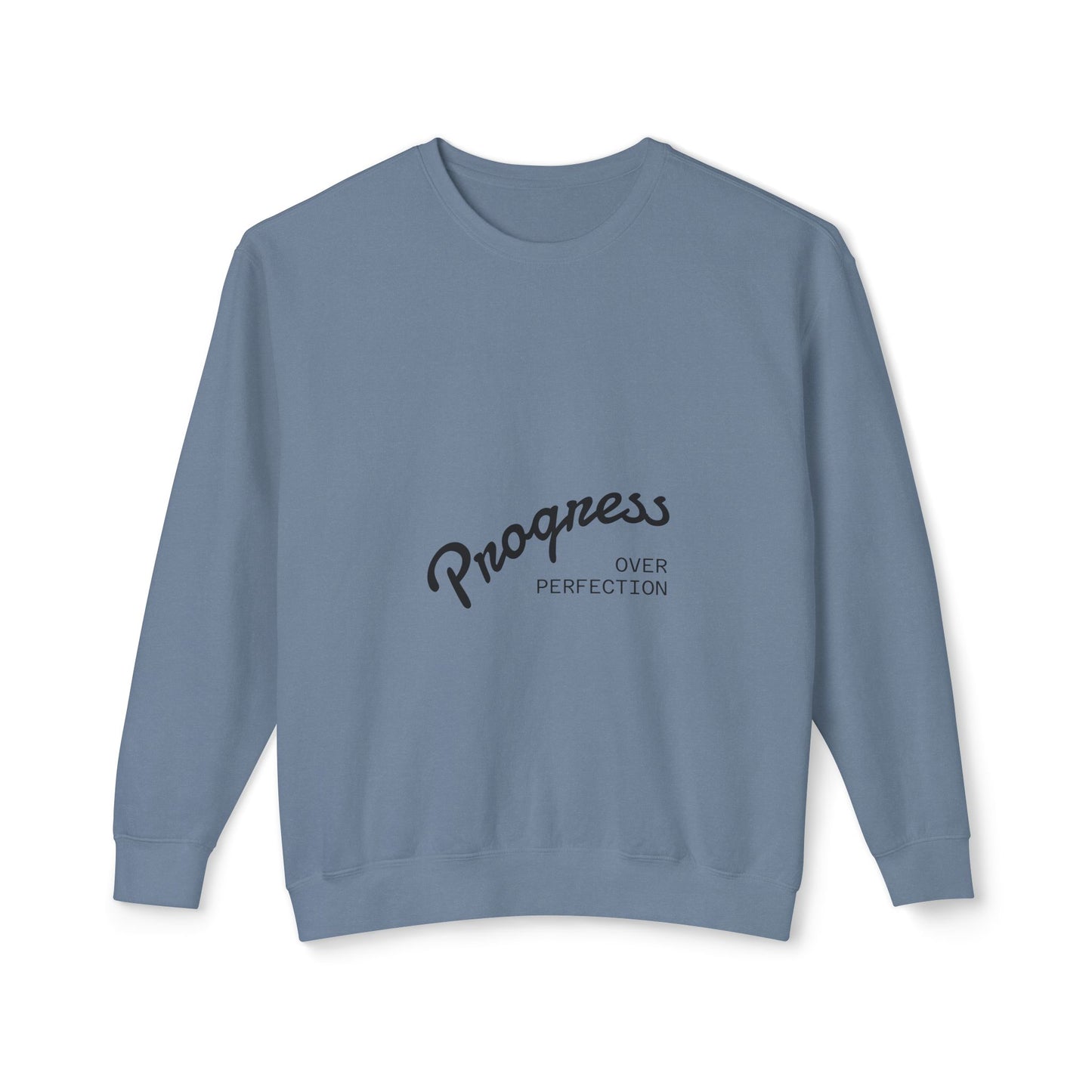 Rrogress over perfection blue grey crewneck sweatshirt front view, layout, casual lifestyle, comfortable motivational apparel
