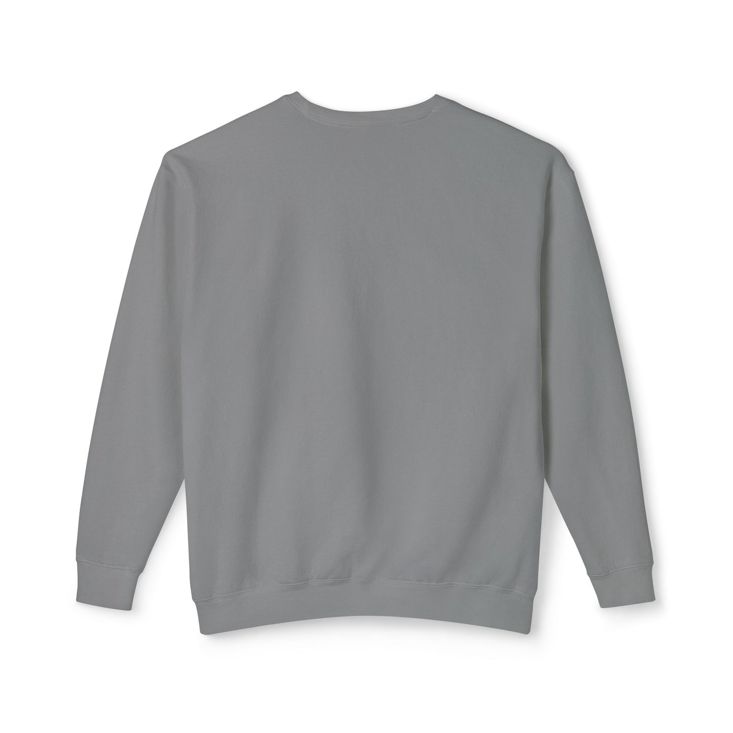 Progress over perfection grey crewneck sweatshirt product flat lay, soft garment-dyed motivational apparel
