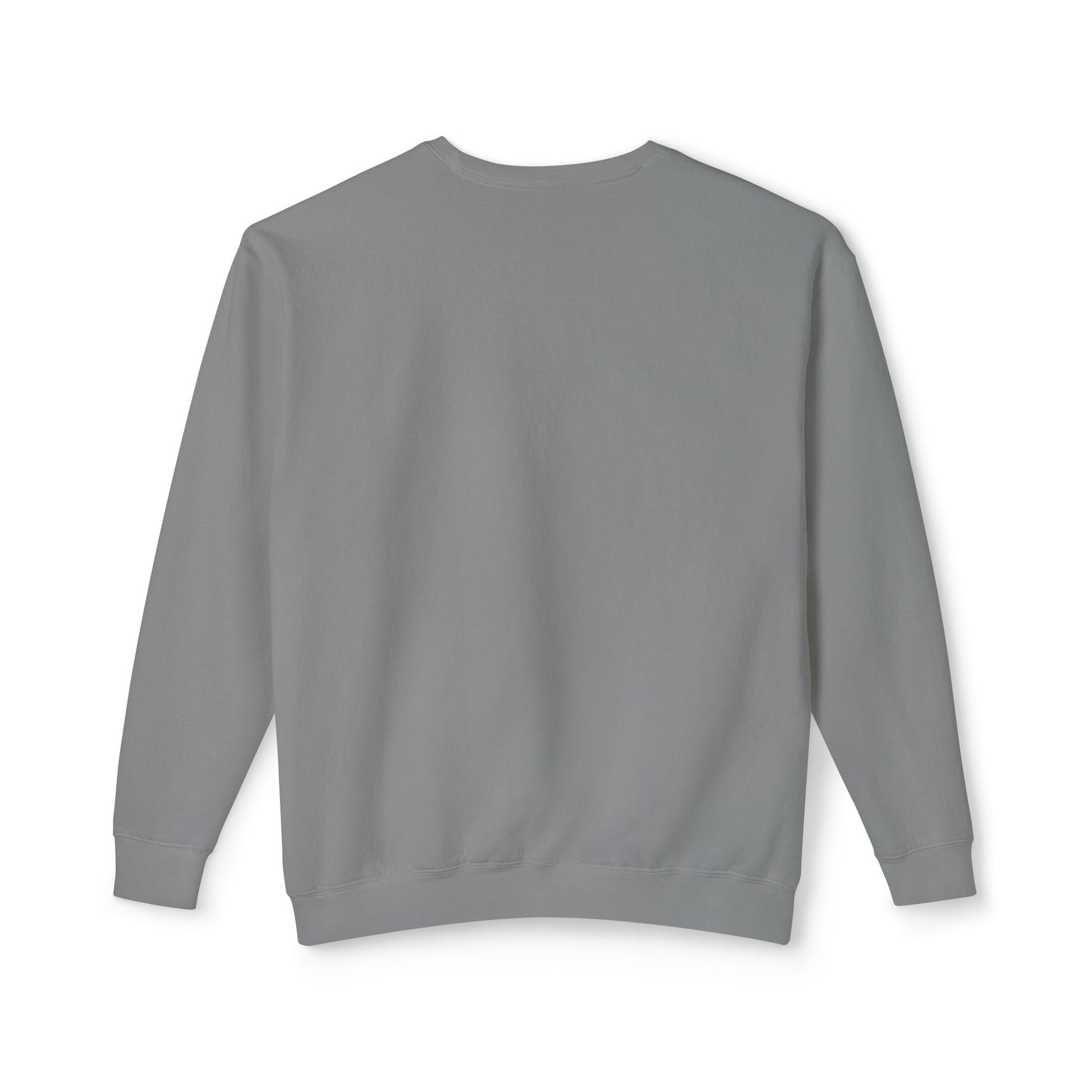 Progress over perfection grey crewneck sweatshirt product flat lay, soft garment-dyed motivational apparel
