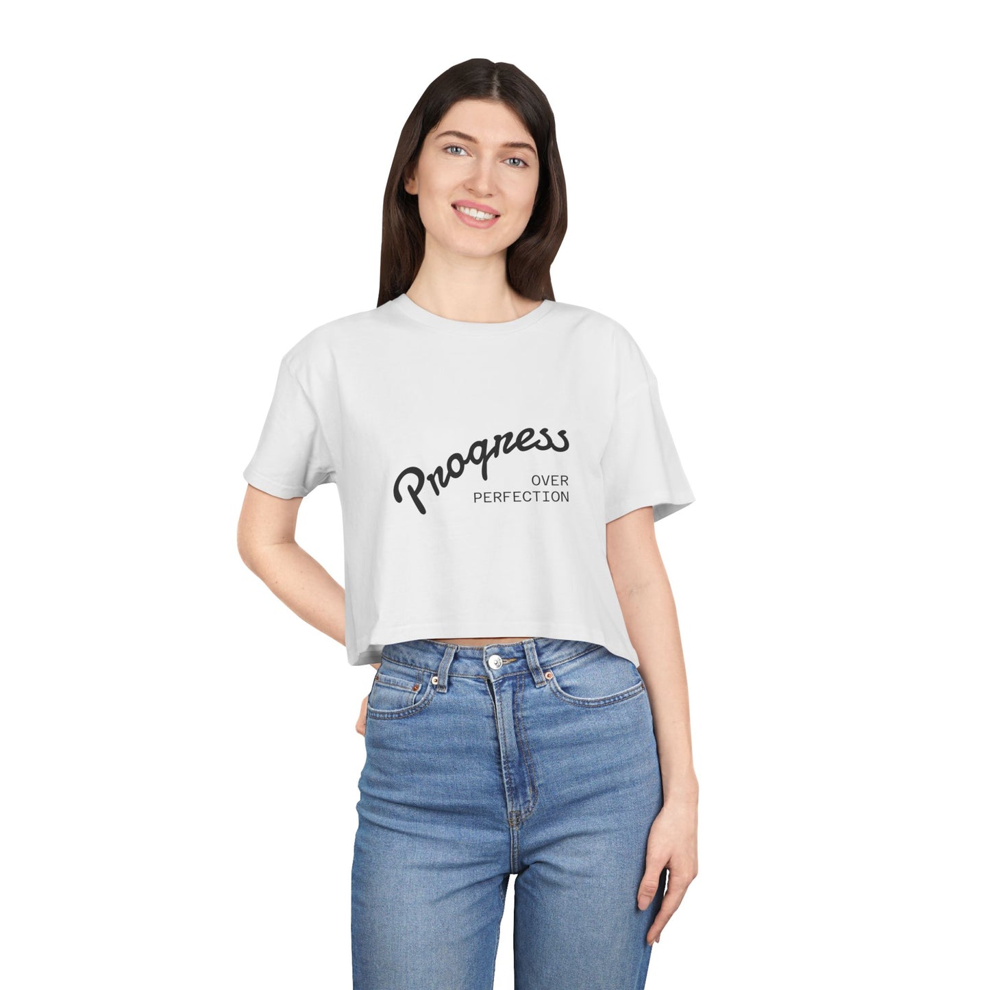  Progress Over Perfection white crop top front view women's motivational tee