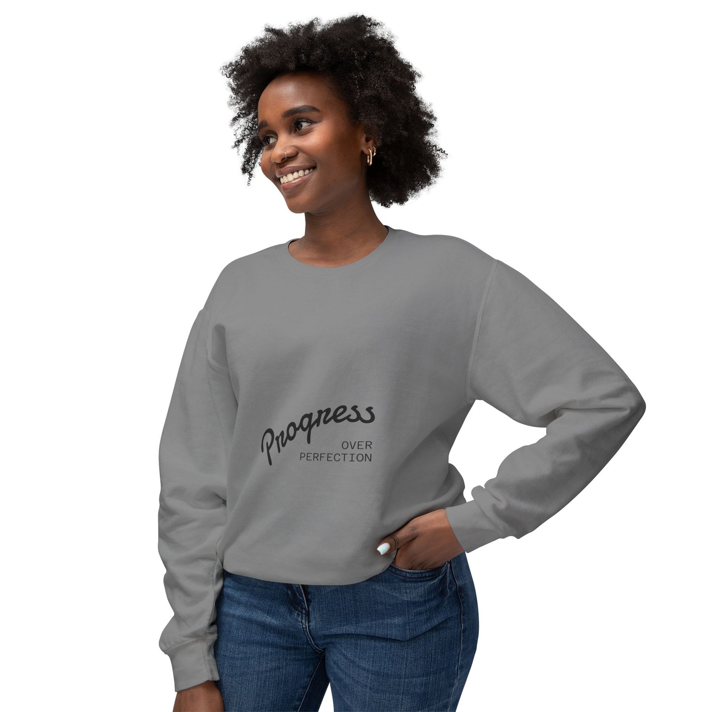Progress over perfection grey crewneck sweatshirt front view, unisex motivational pullover with script typography

