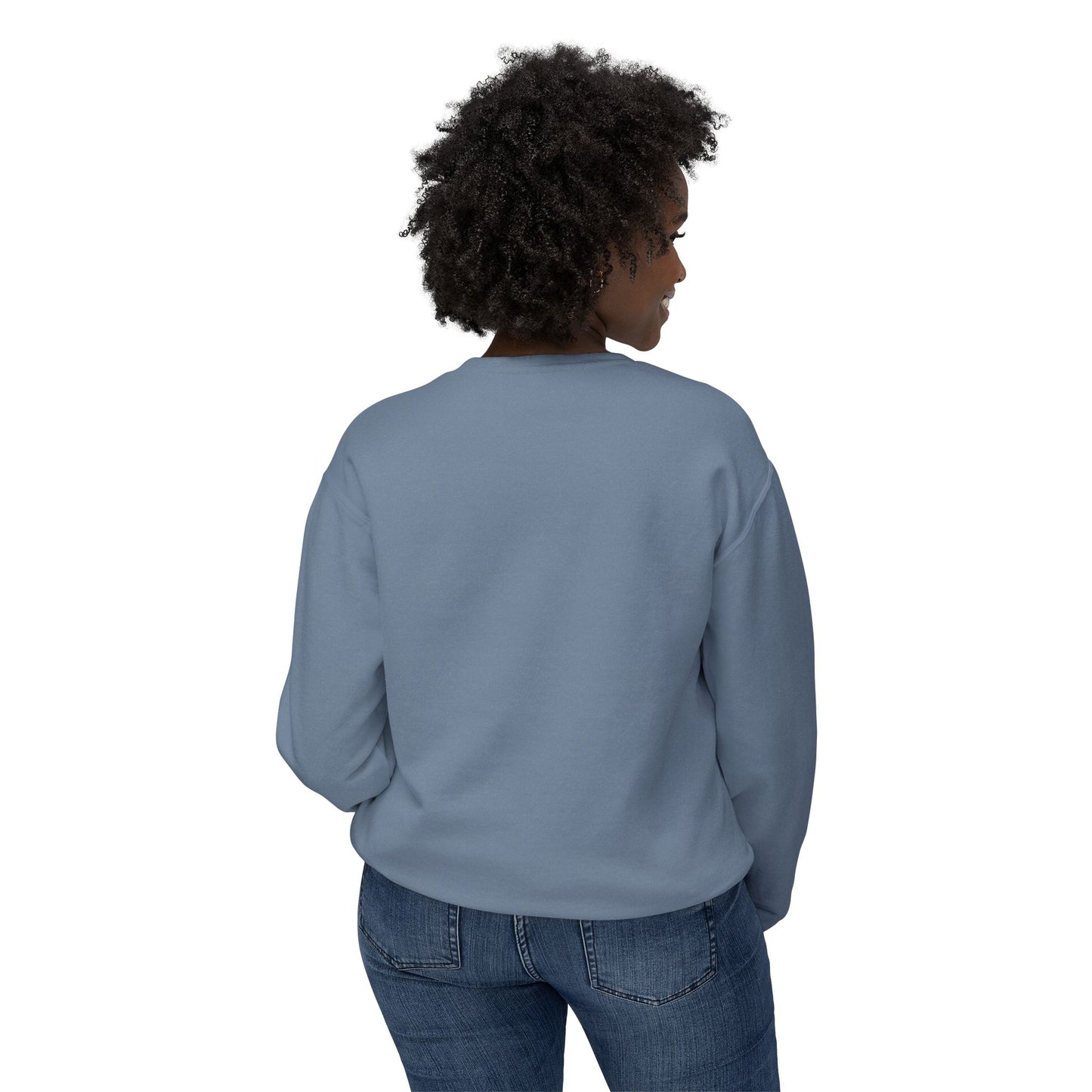 Woman wearing progress over perfection blue grey crewneck sweatshirt, back view, comfortable motivational apparel for casual wear
