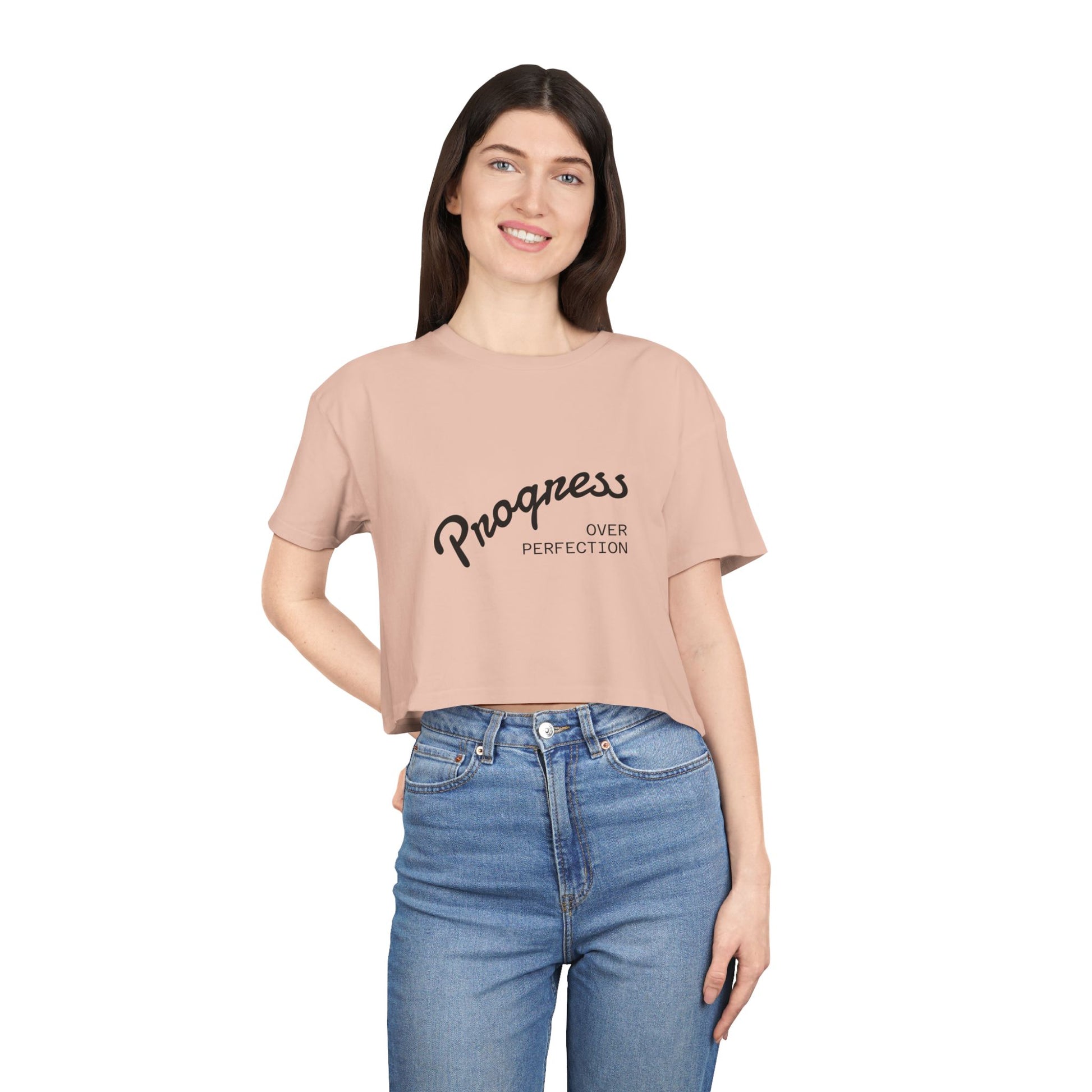 Progress Over Perfection peach crop top front view women's motivational apparel