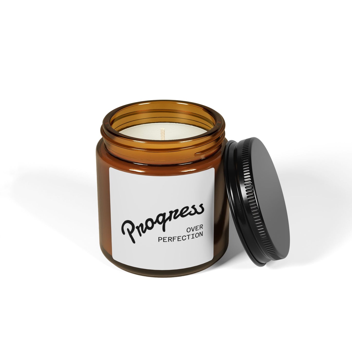 Progress Over Perfection candle with lid off top view soy wax motivational gift