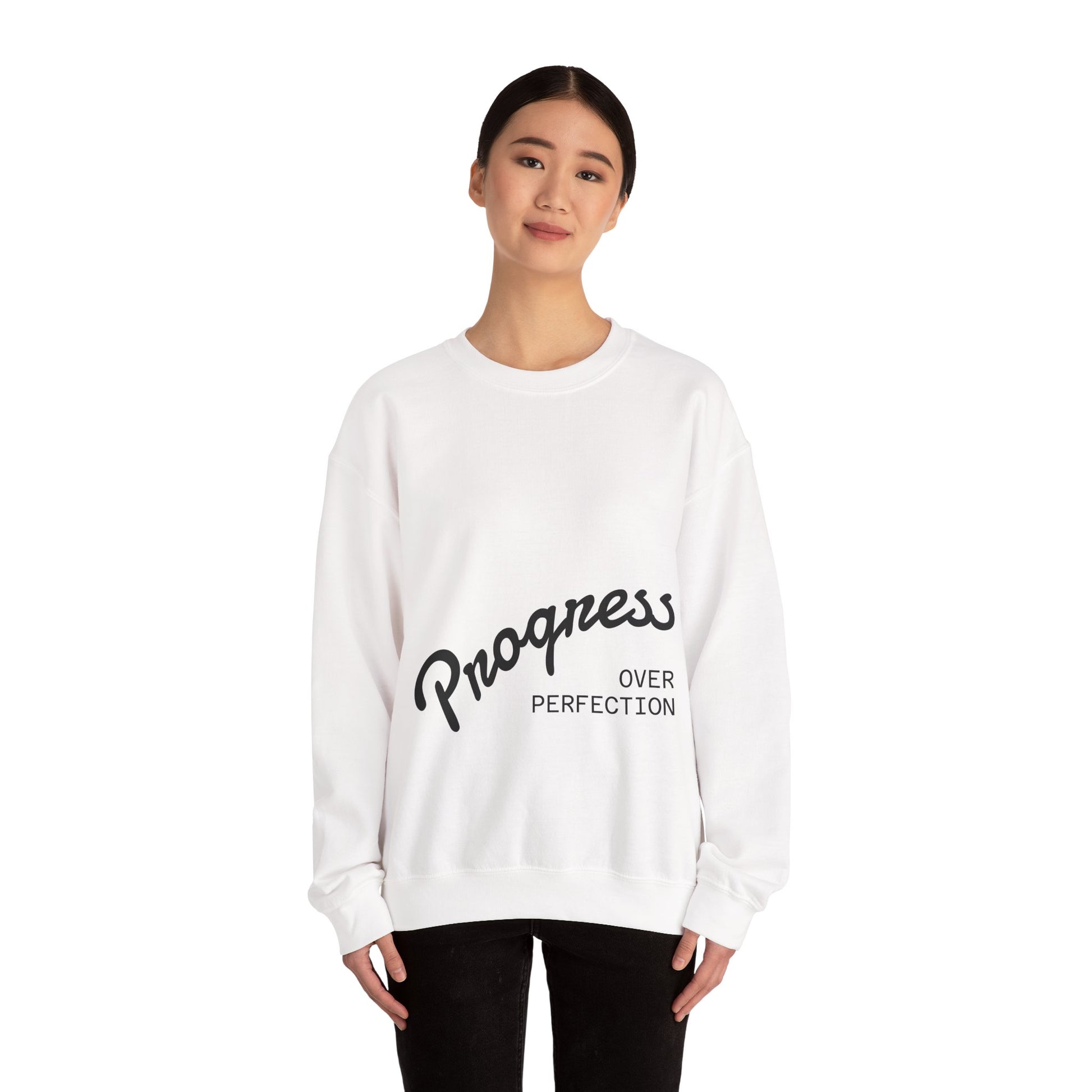 Woman in Progress Over Perfection white sweatshirt lifestyle photo motivational clothing