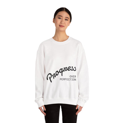 Woman in Progress Over Perfection white sweatshirt lifestyle photo motivational clothing