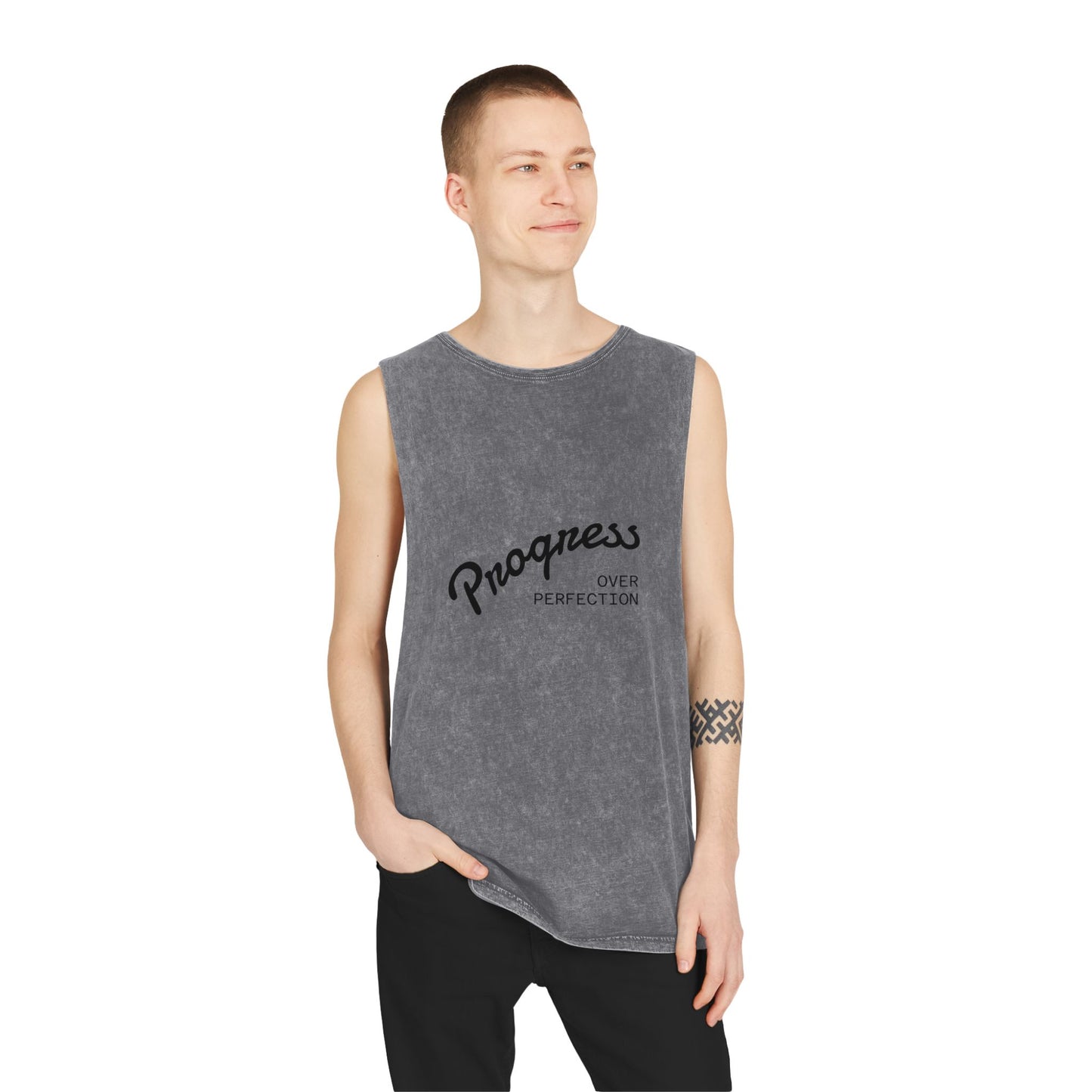 Man wearing Progress Over Perfection grey muscle tank front view motivational activewear