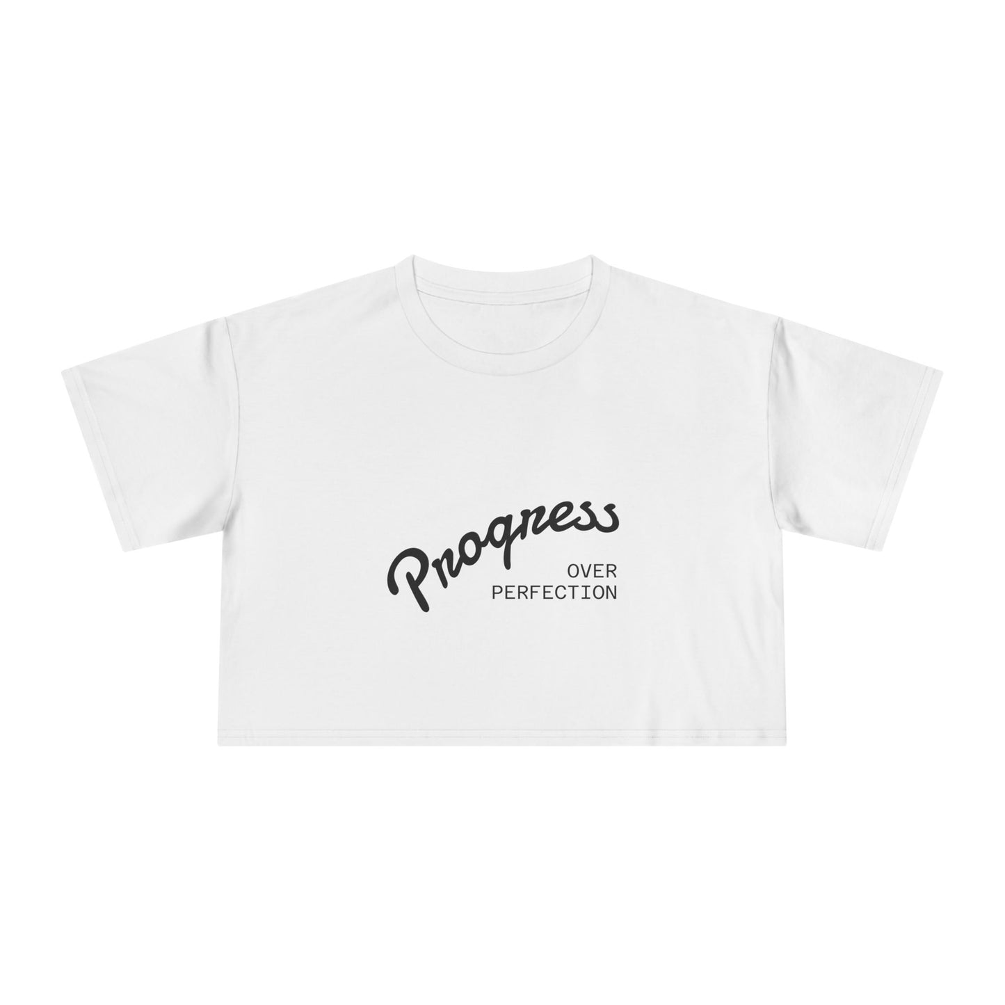 Progress Over Perfection white crop top flat lay front view