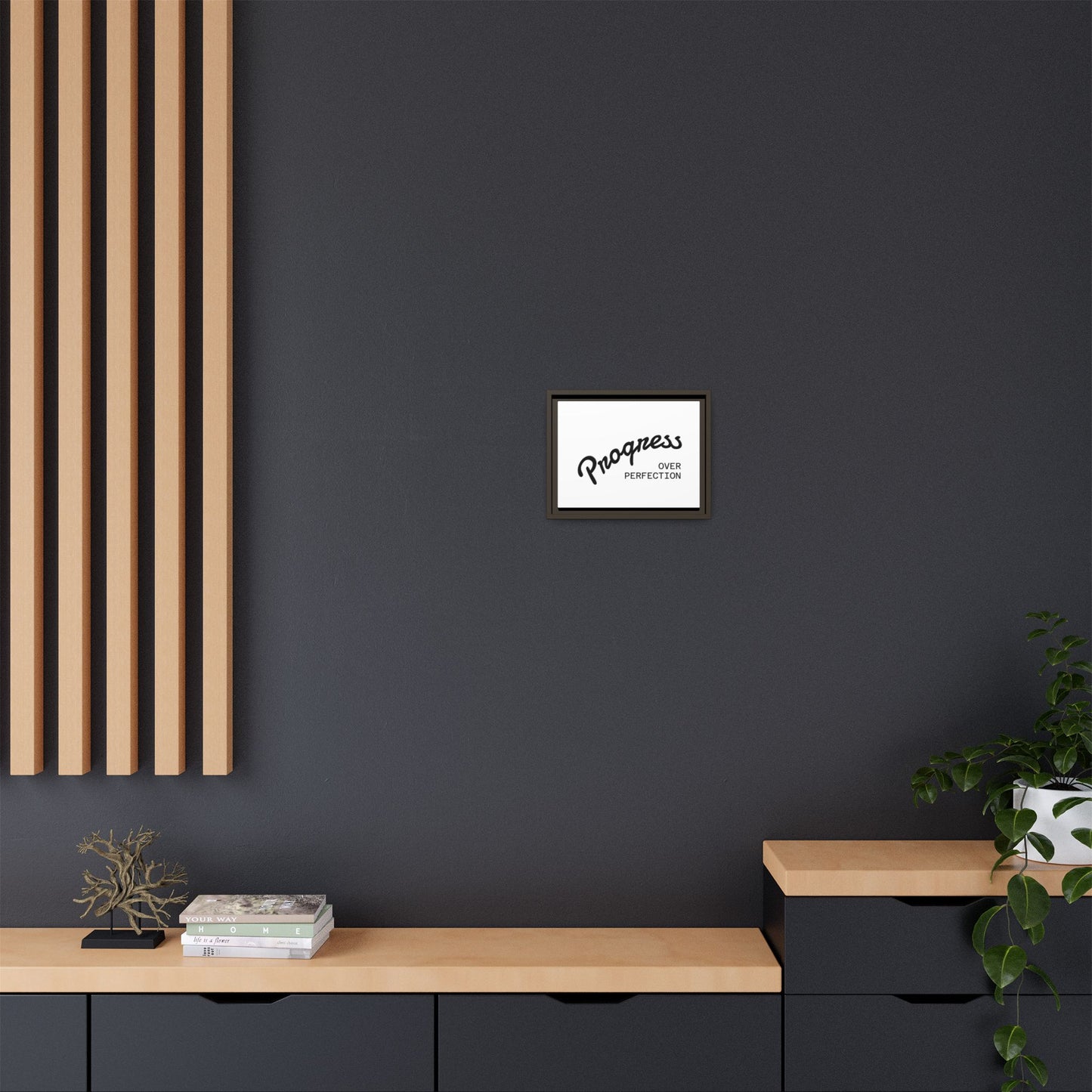 Progress Over Perfection wall art black frame detail motivational quote print