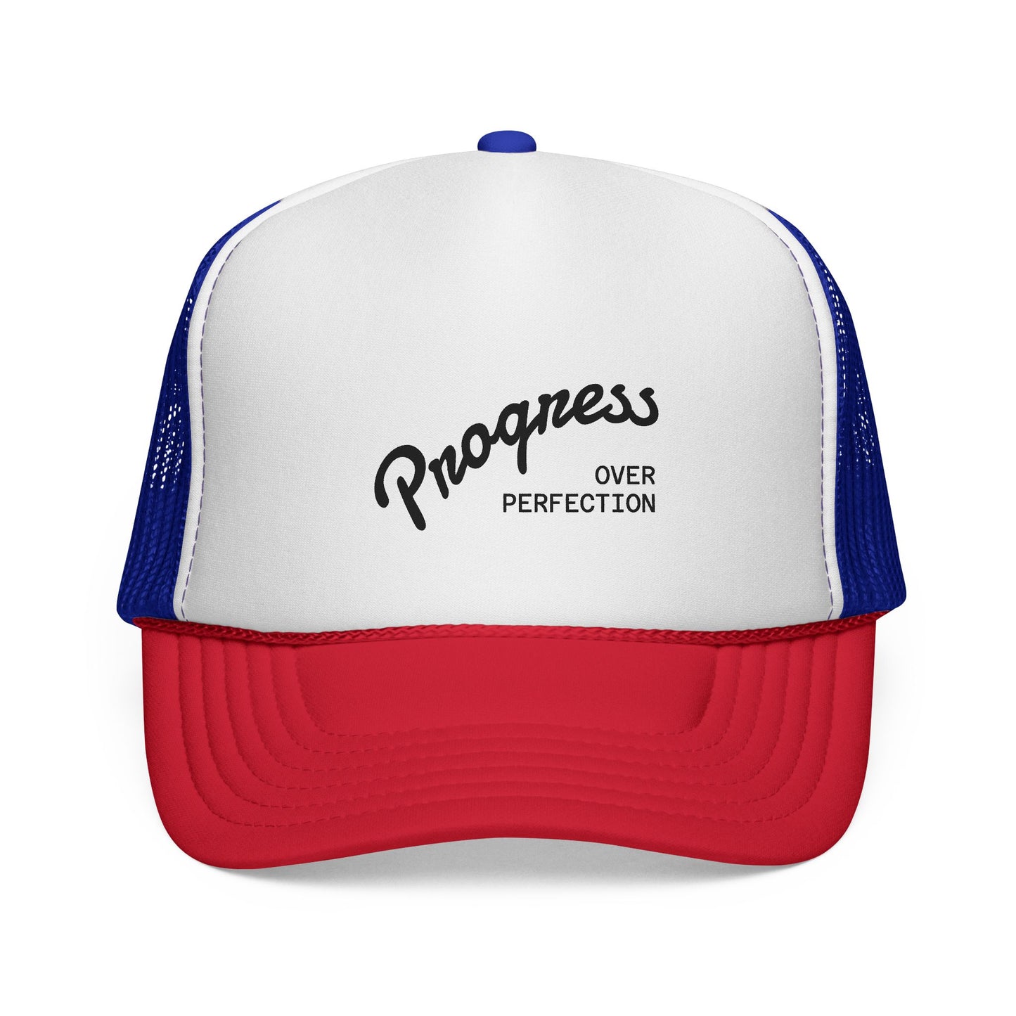 Progress Over Perfection trucker hat white front view motivational mesh cap