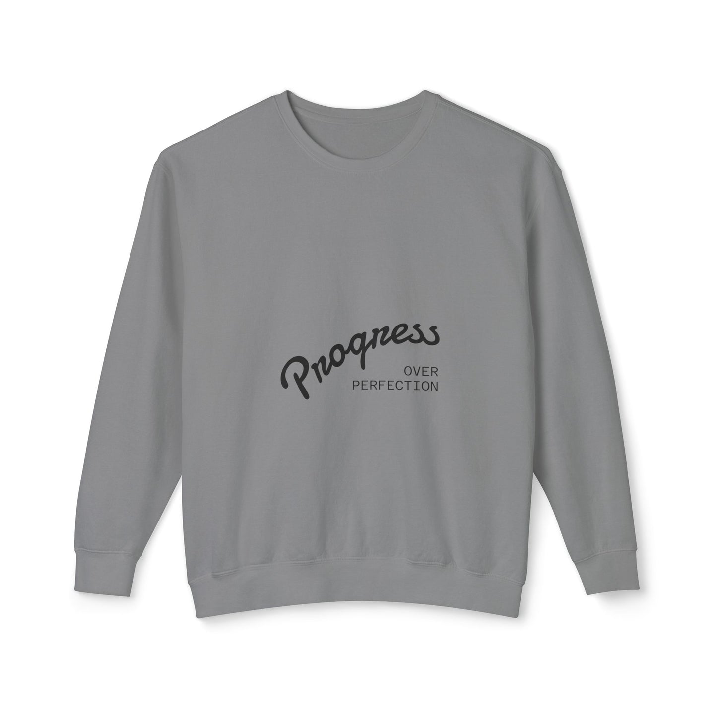 Progress over perfection grey crewneck sweatshirt flat lay front view, premium motivational apparel product photography
