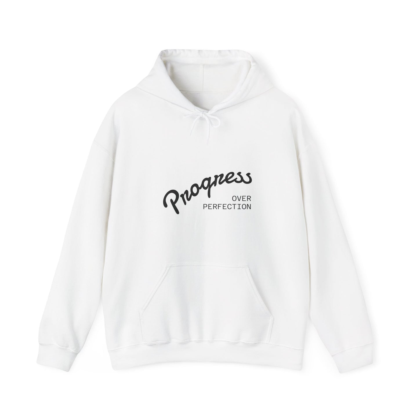 White hoodie with 'Progress Over Perfection' text on a white background