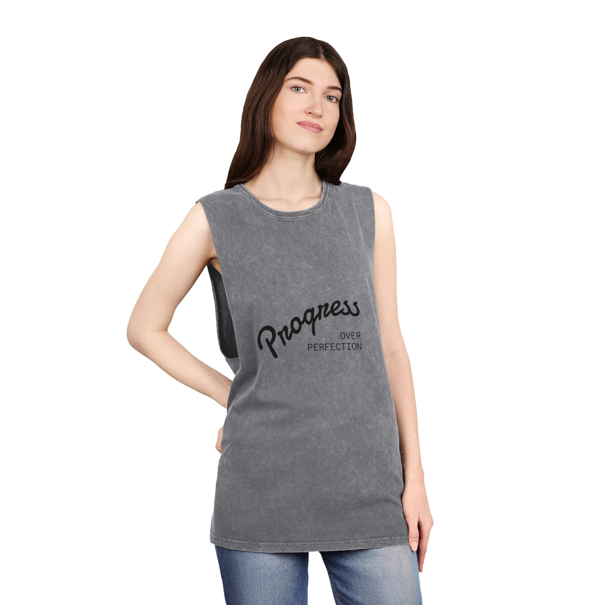 Woman in Progress Over Perfection grey muscle tank front view unisex fitness apparel