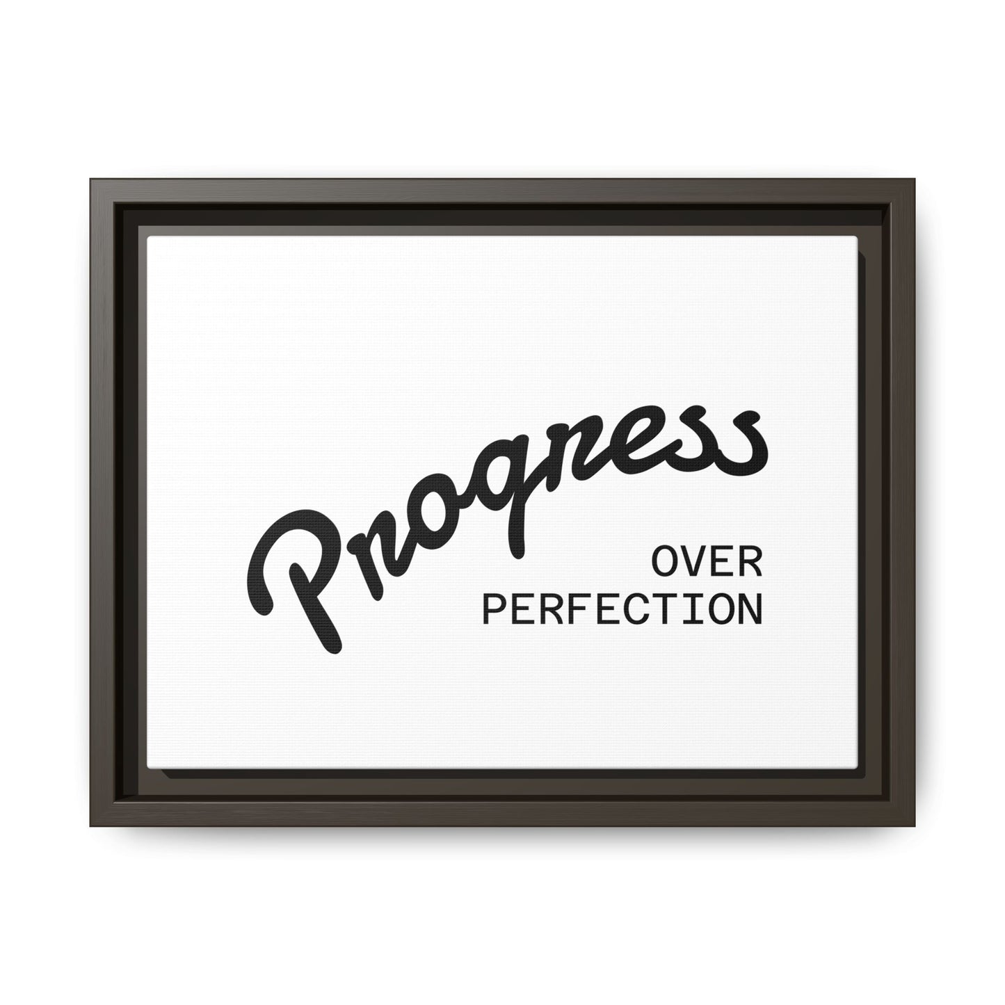 Progress Over Perfection framed canvas print close-up black script typography