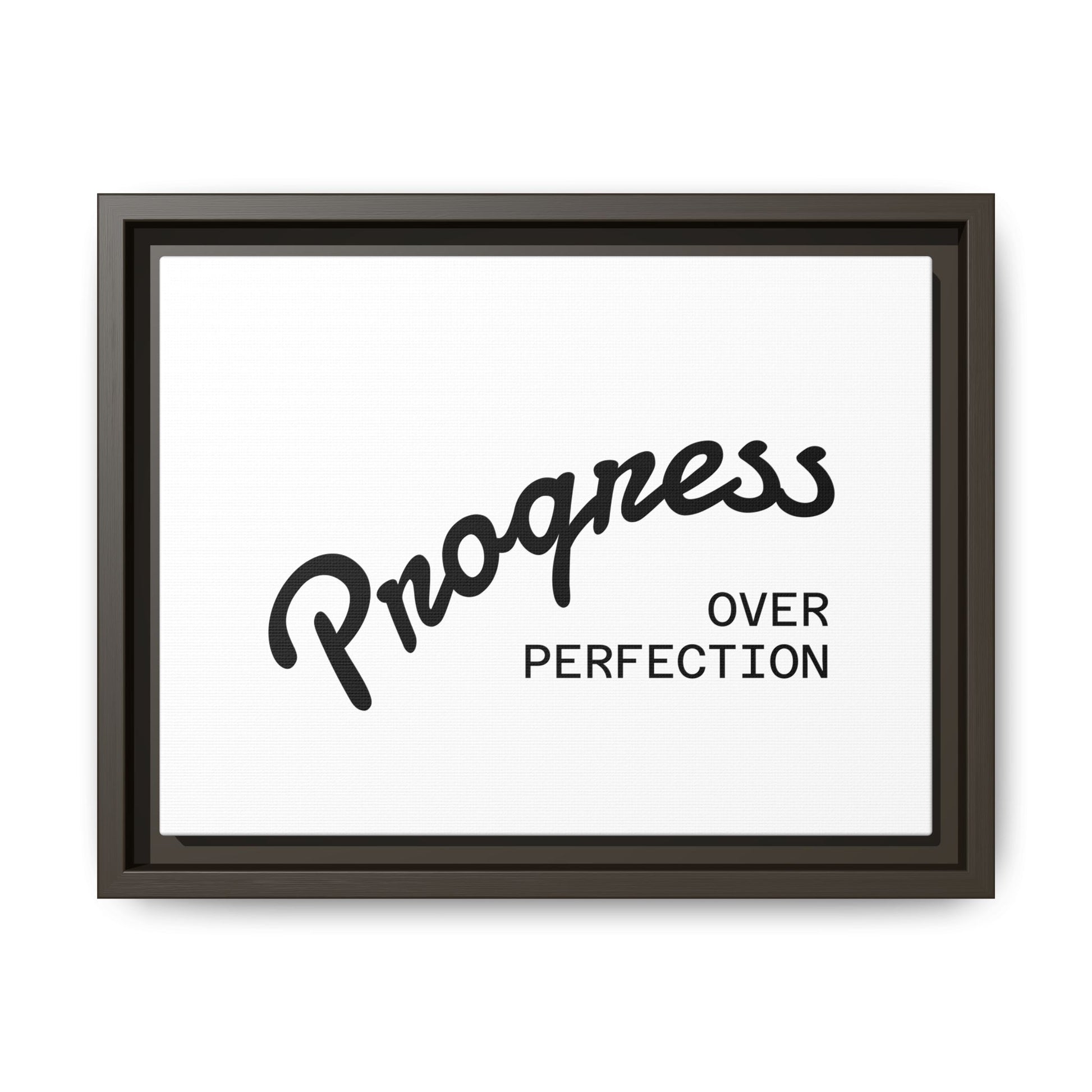Progress Over Perfection framed canvas print close-up black script typography