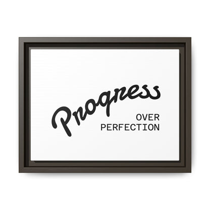 Progress Over Perfection framed canvas print close-up black script typography
