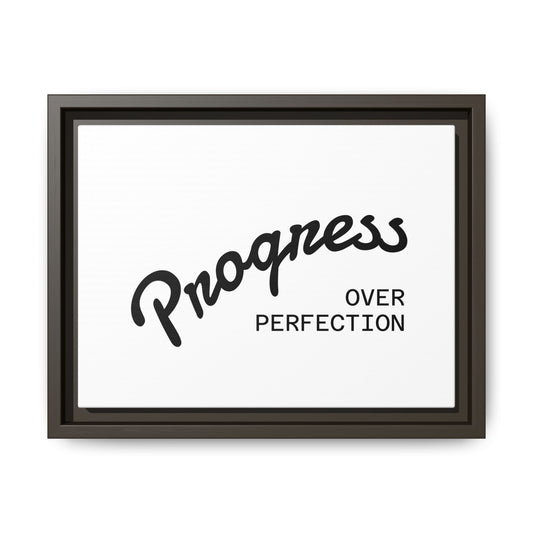Progress Over Perfection framed canvas print close-up black script typography