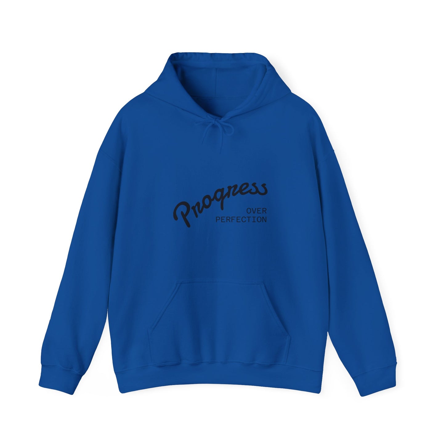 Blue hoodie with 'Progress Over Perfection' text on a white background