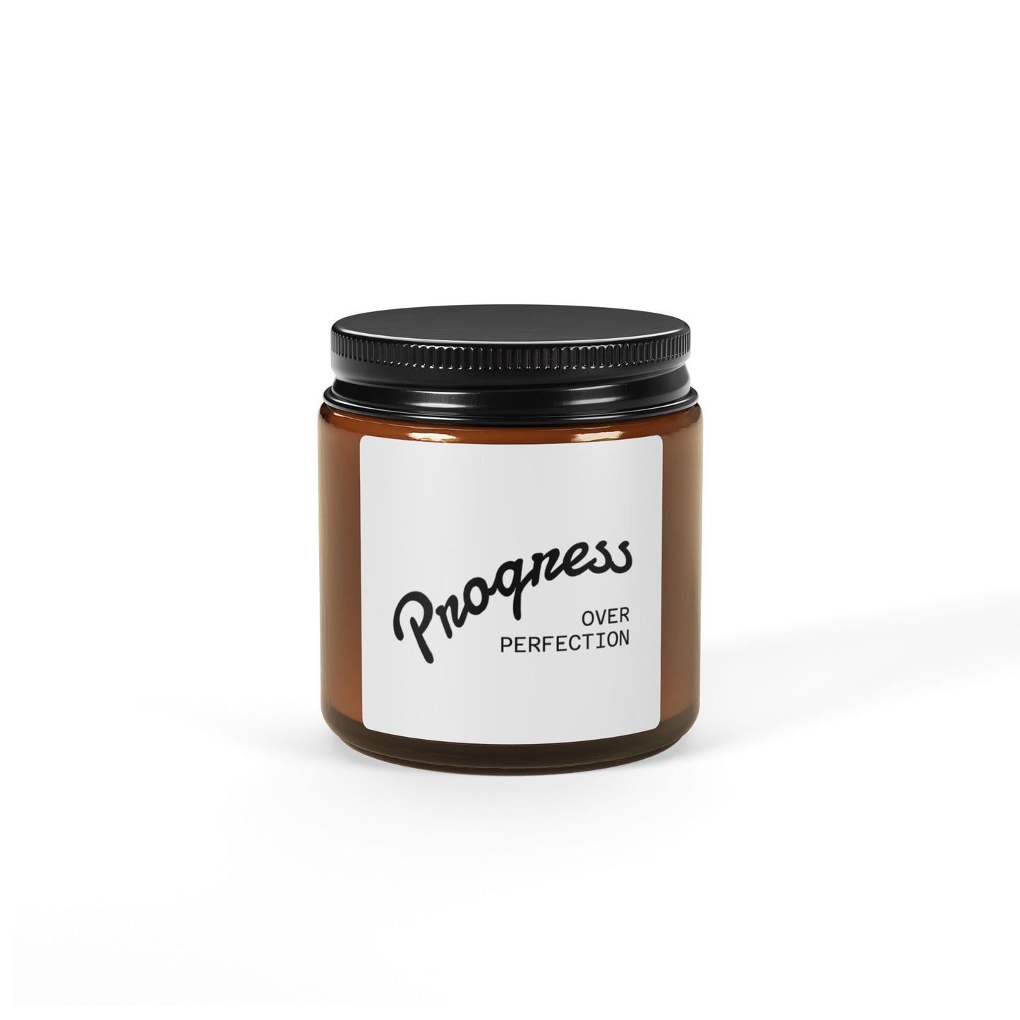 Progress Over Perfection soy wax candle jar front view motivational scented candle