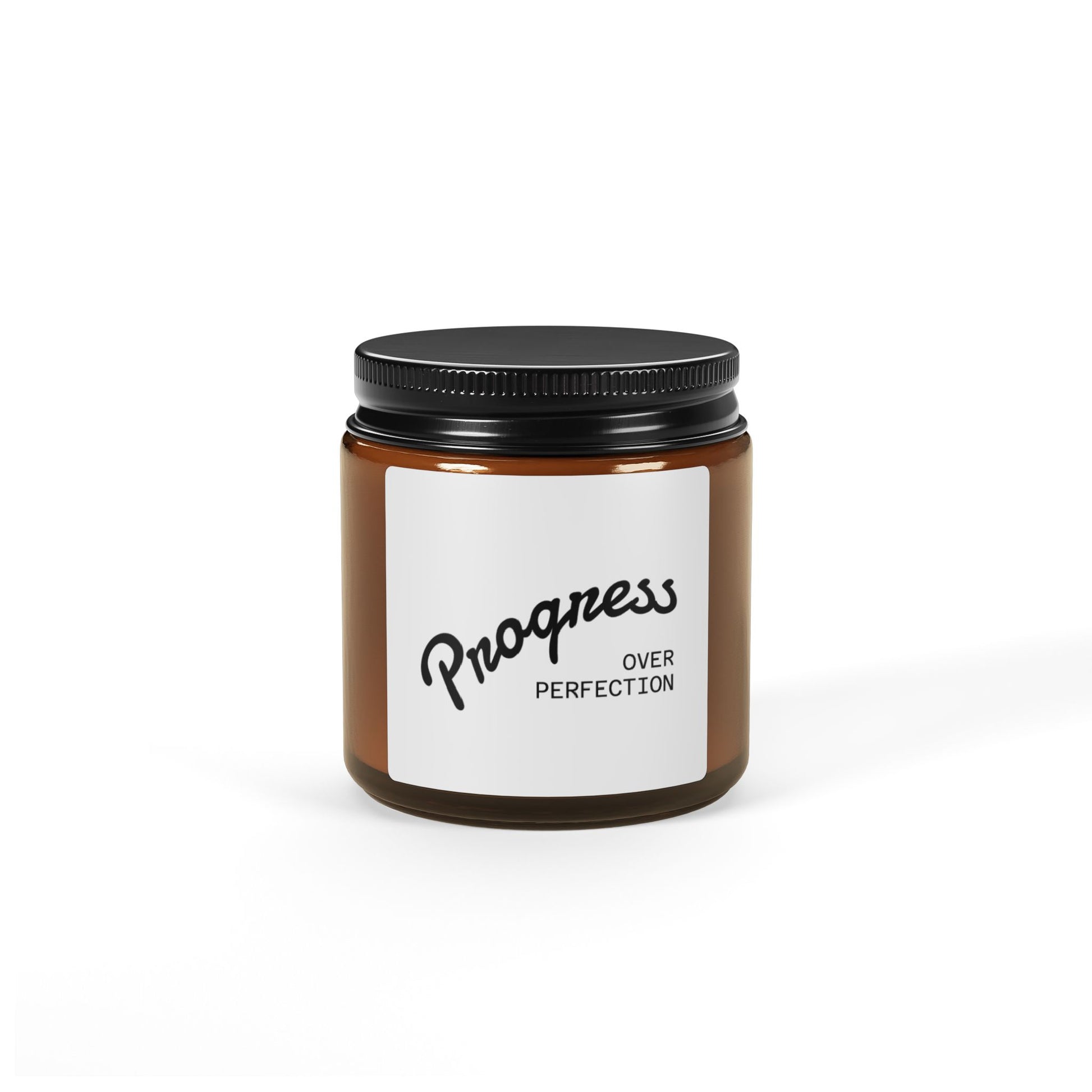Progress Over Perfection soy wax candle jar front view motivational scented candle