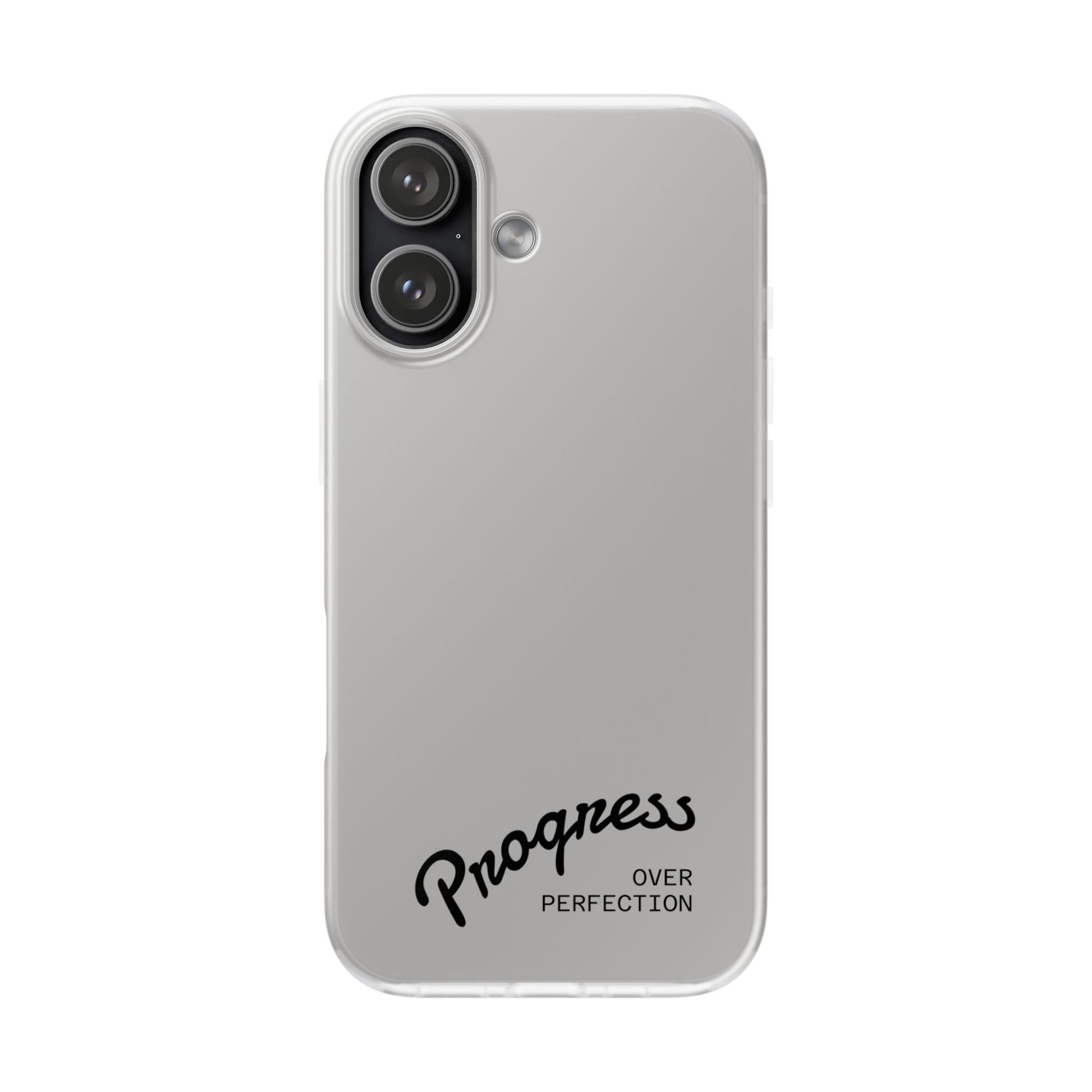Progress over perfection white phone case product view, motivational iPhone case with minimalist black text design
