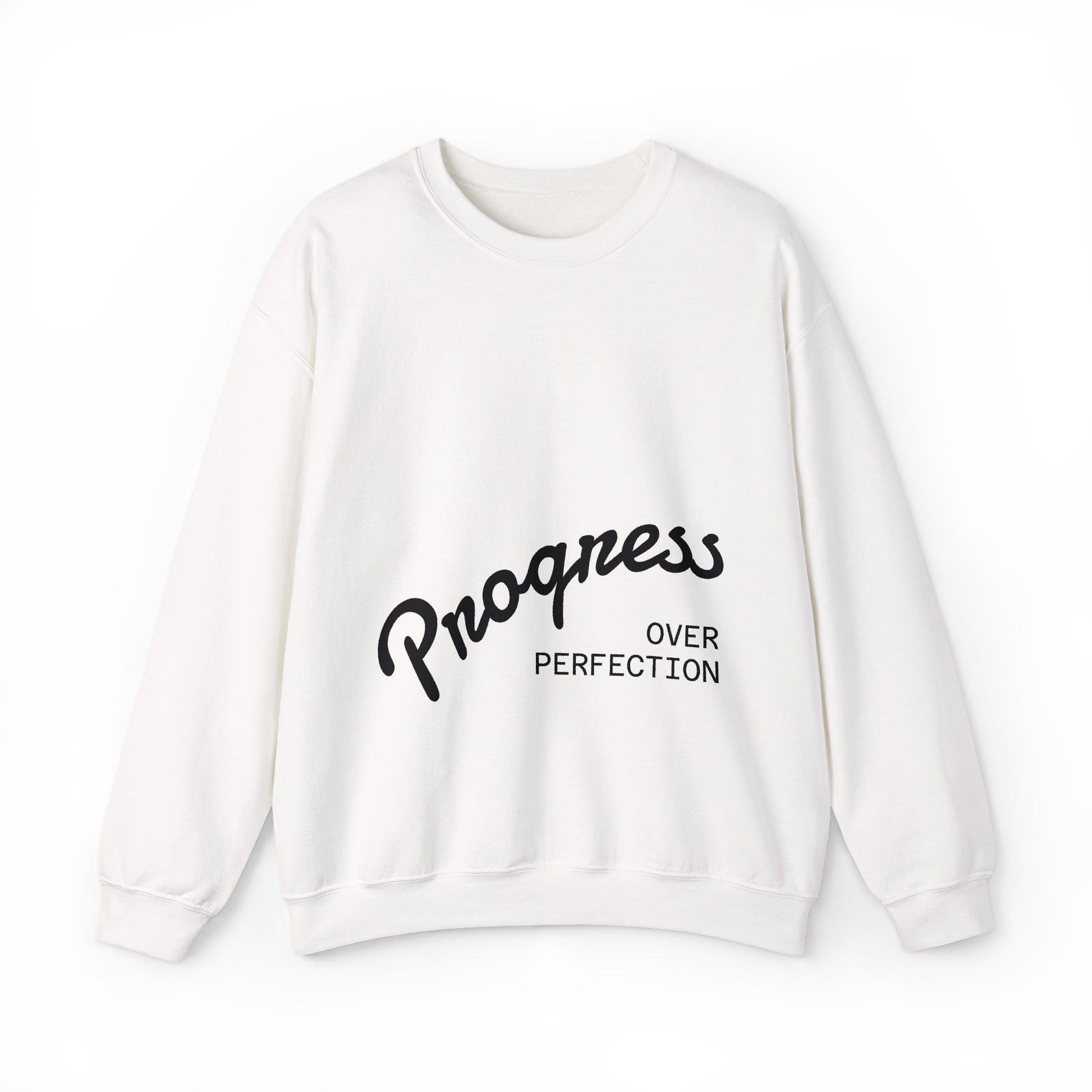 Progress Over Perfection white crewneck sweatshirt front view unisex motivational apparel