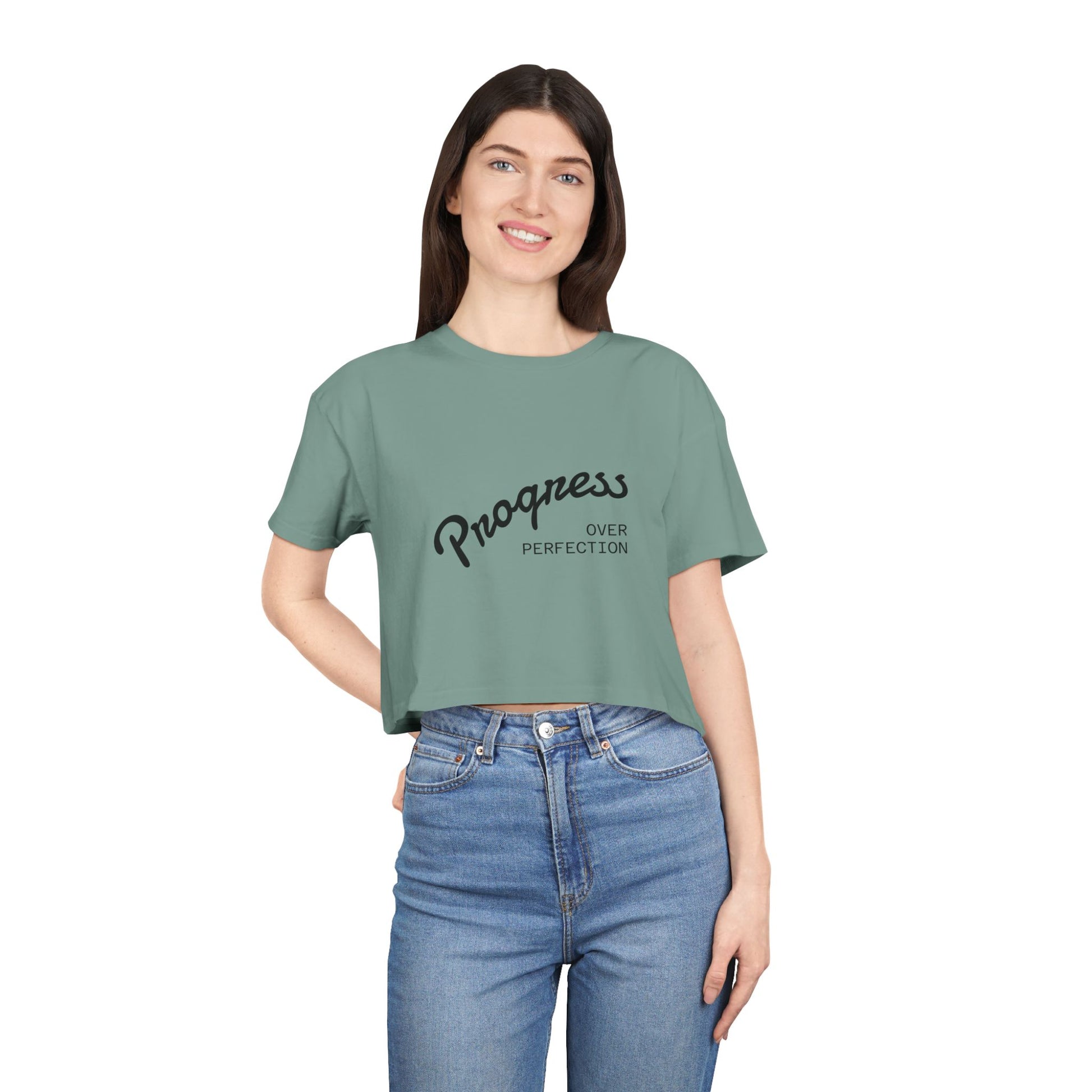 Progress Over Perfection sage green crop top front view women's fitness clothing