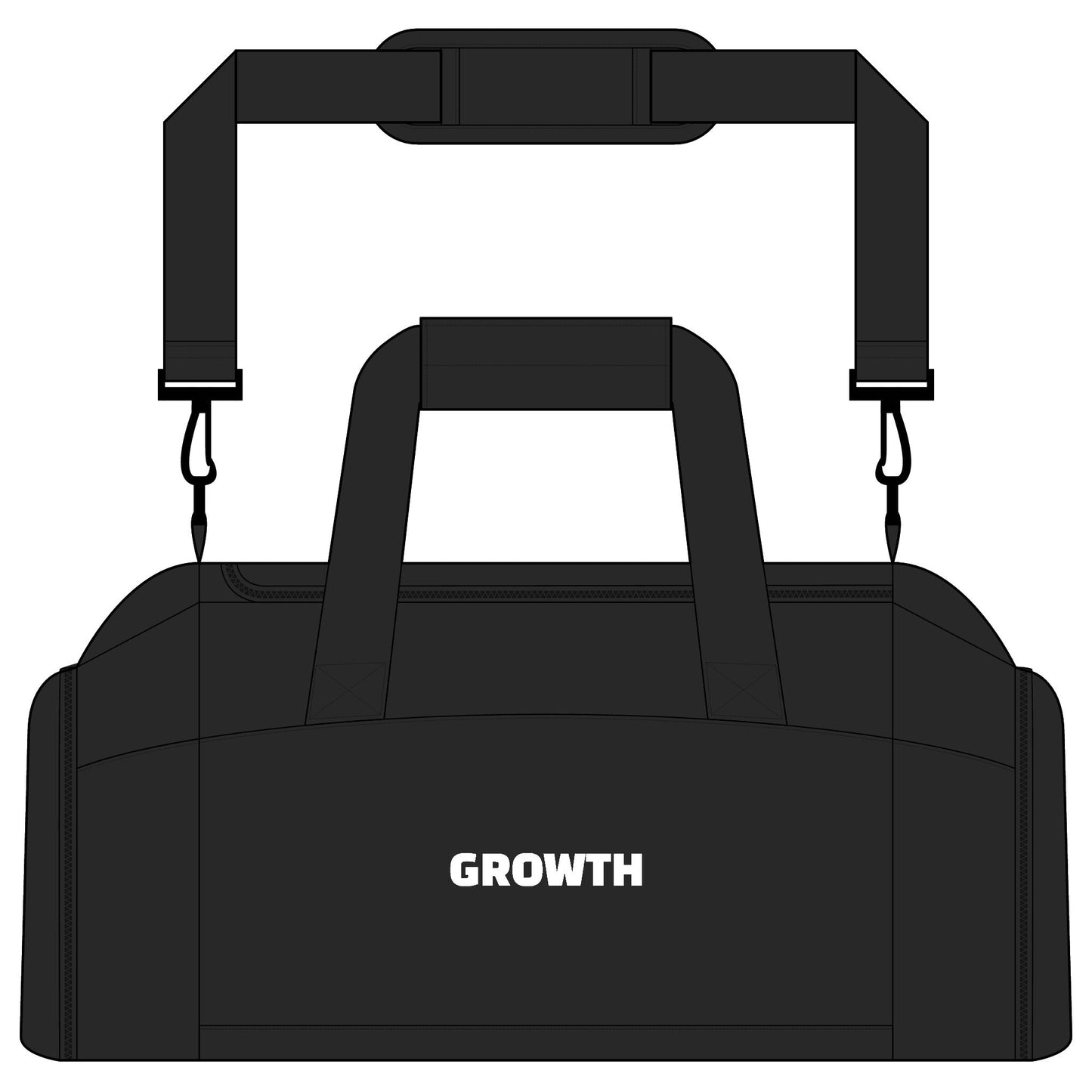 Growth motivational gym bag full product view, premium black duffel bag for fitness enthusiasts and athletes

