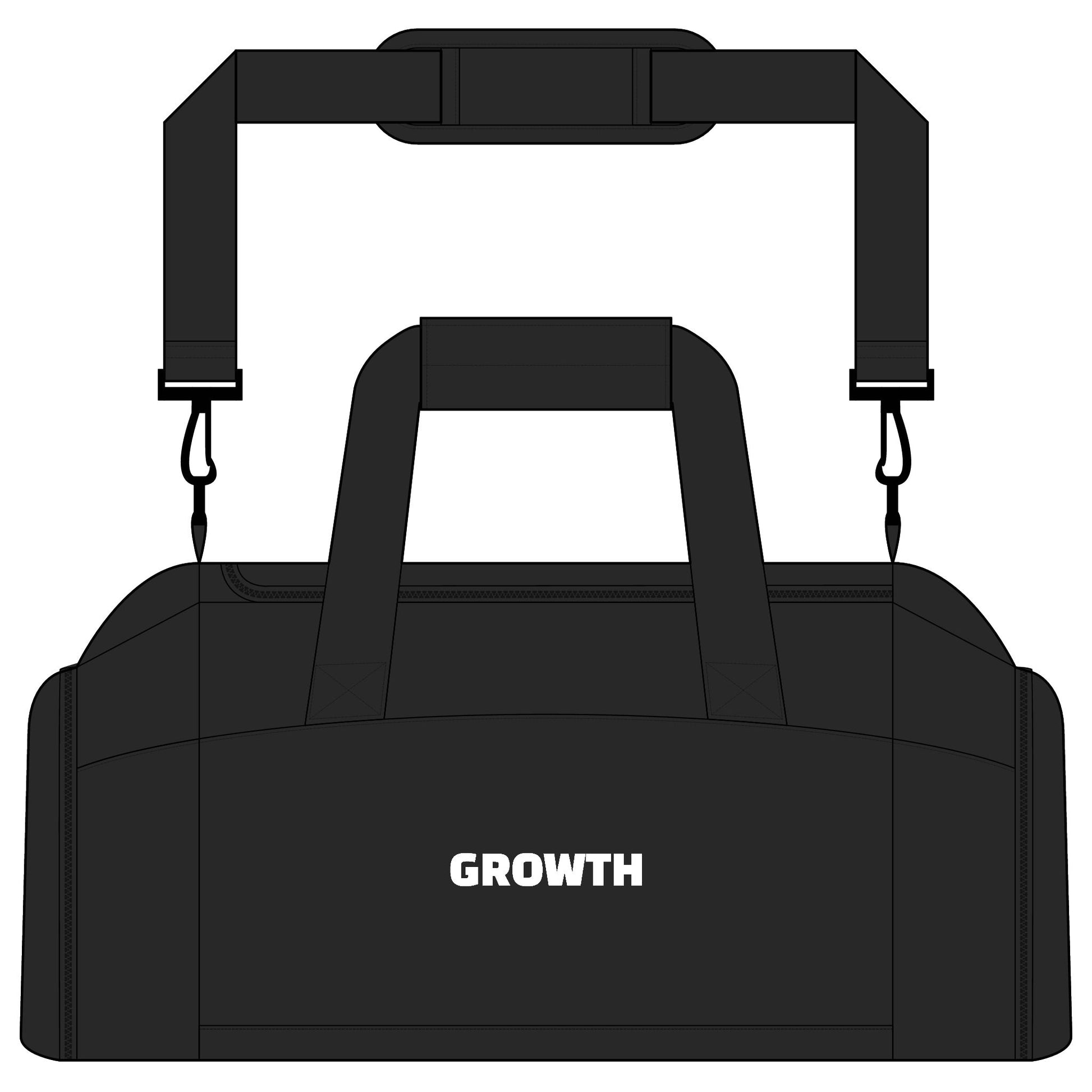 Growth motivational gym bag full product view, premium black duffel bag for fitness enthusiasts and athletes
