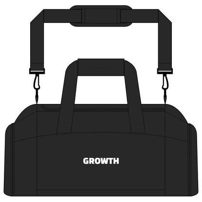 Growth motivational gym bag full product view, premium black duffel bag for fitness enthusiasts and athletes
