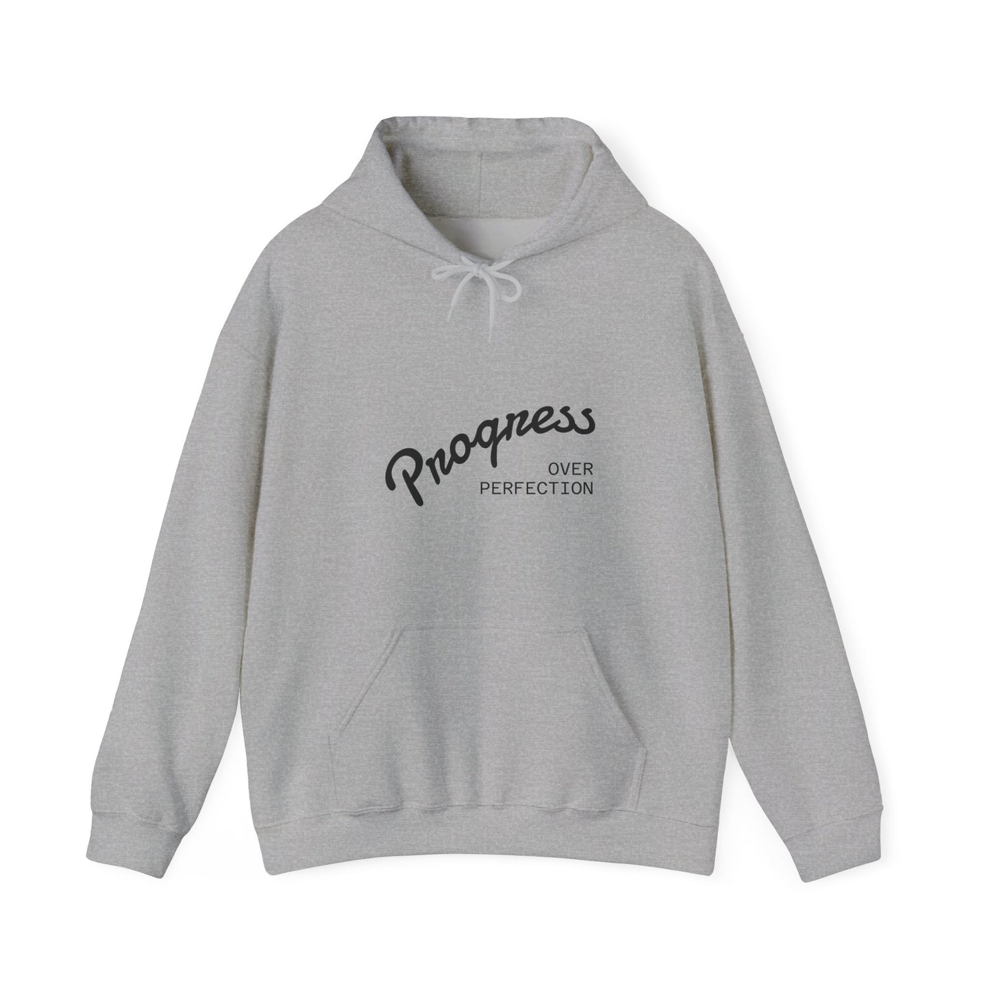 Gray hoodie with 'Progress Over Perfection' text on a white background