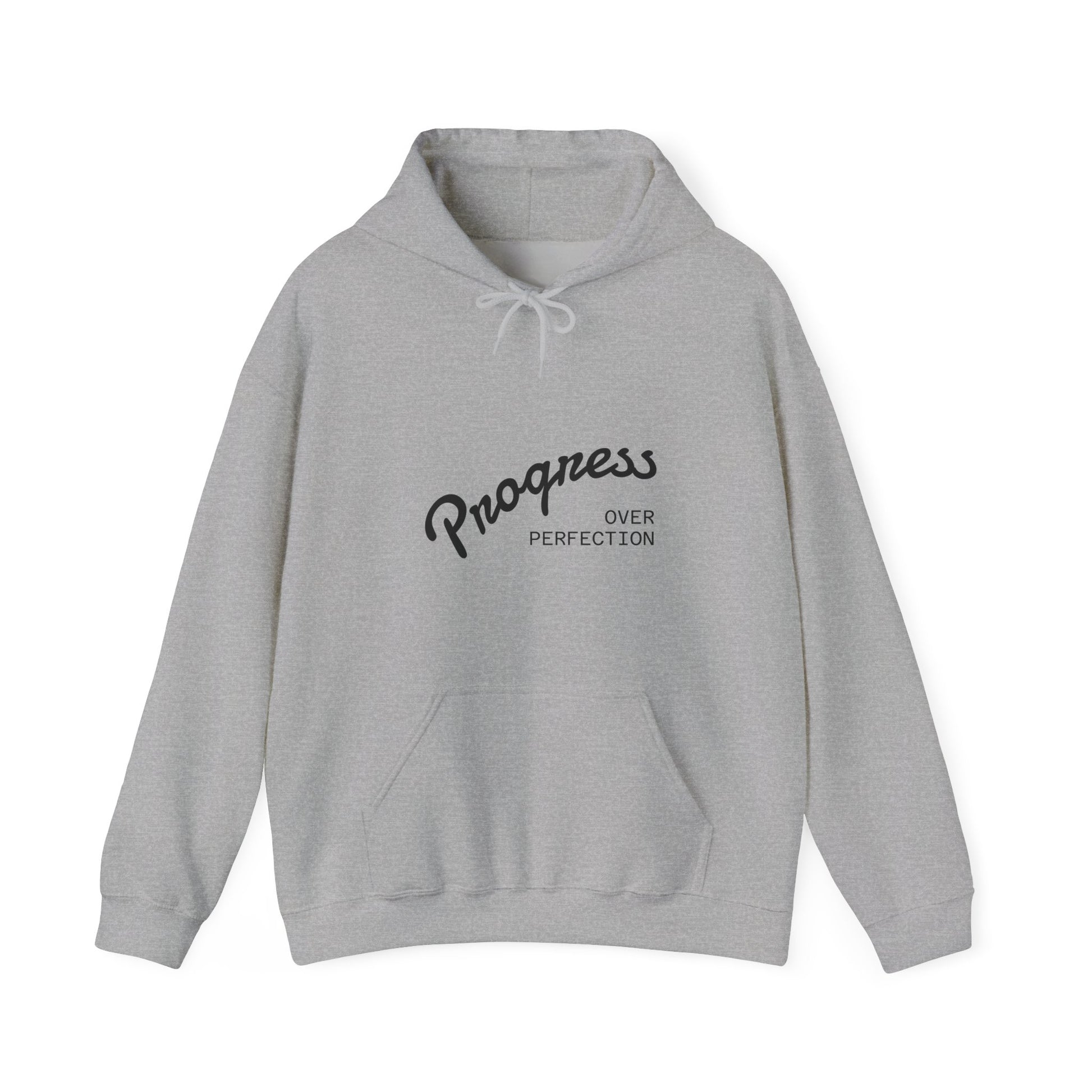 Gray hoodie with 'Progress Over Perfection' text on a white background