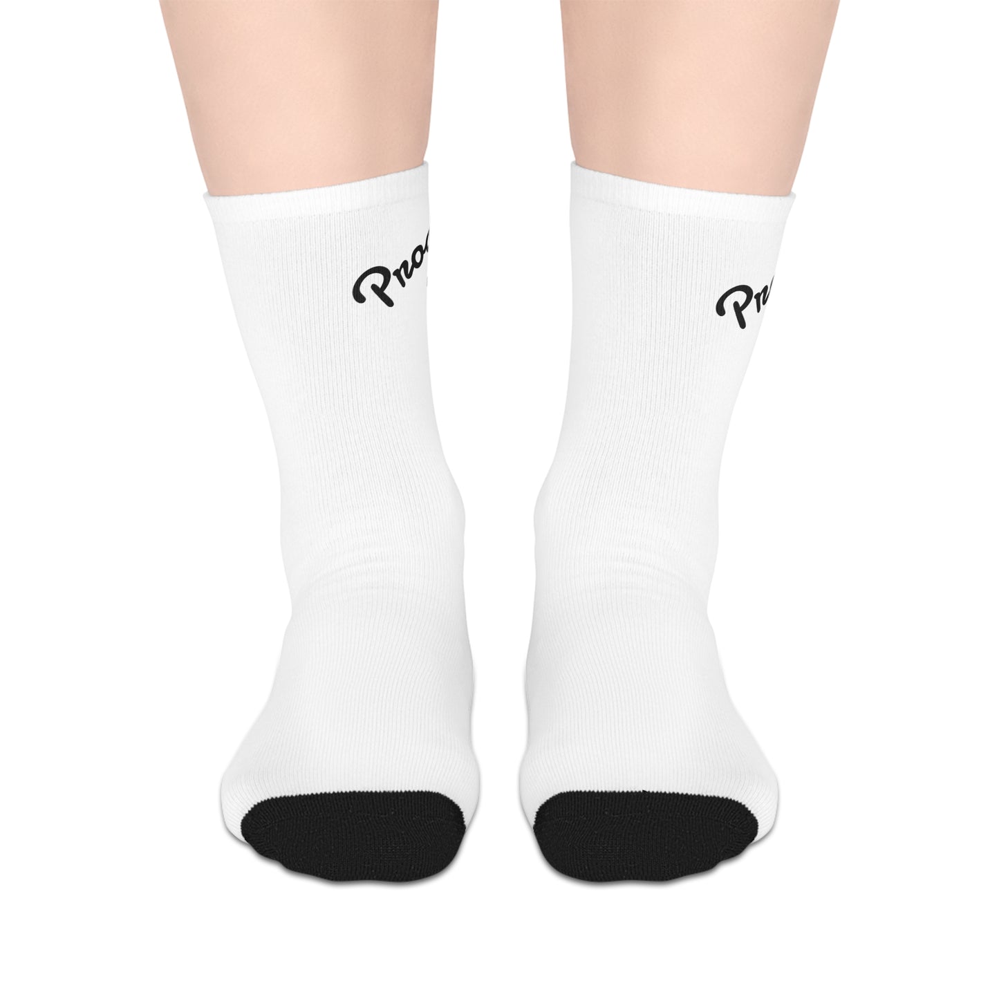 Progress crew socks white pair flat lay showing black toe and script logo design