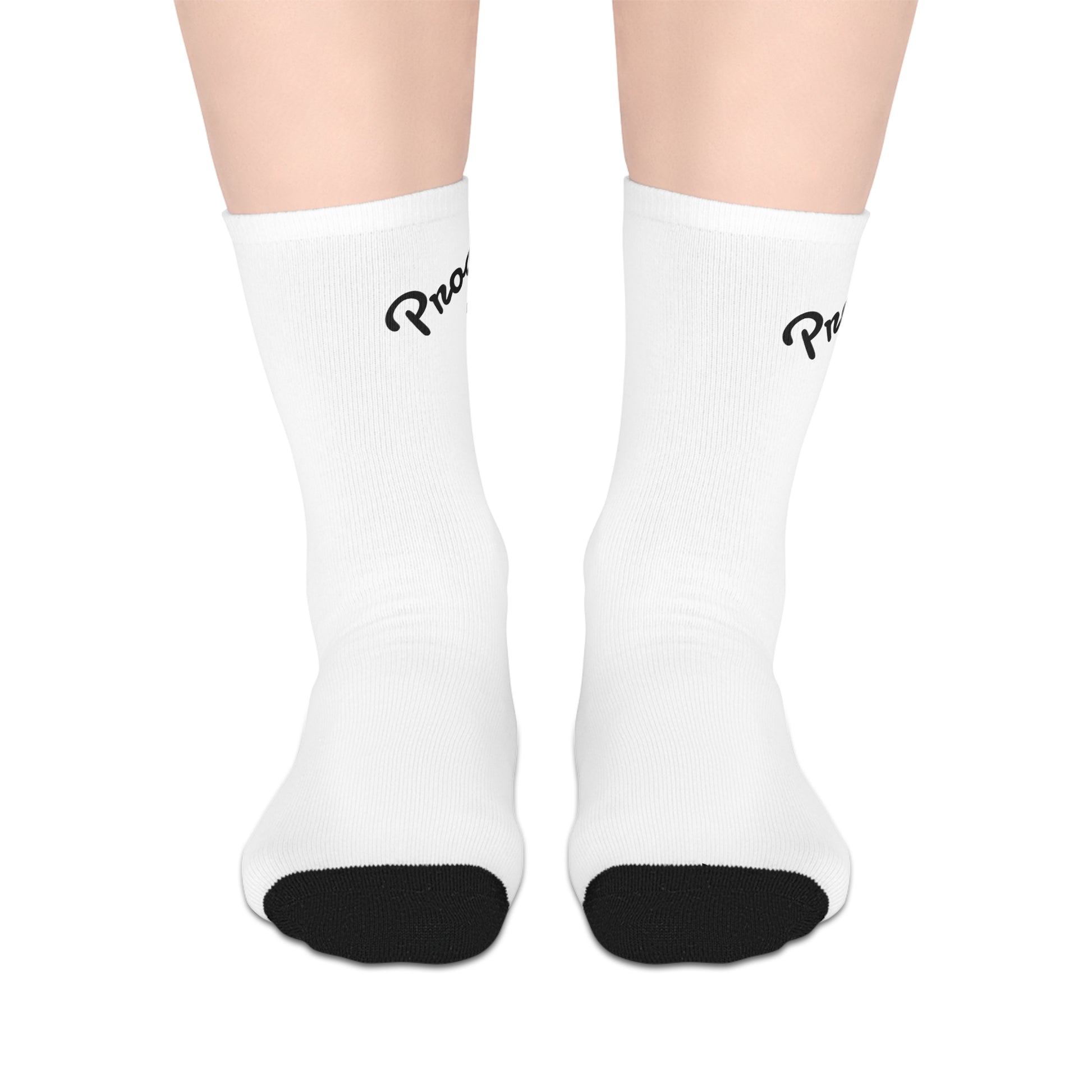 Progress crew socks white pair flat lay showing black toe and script logo design