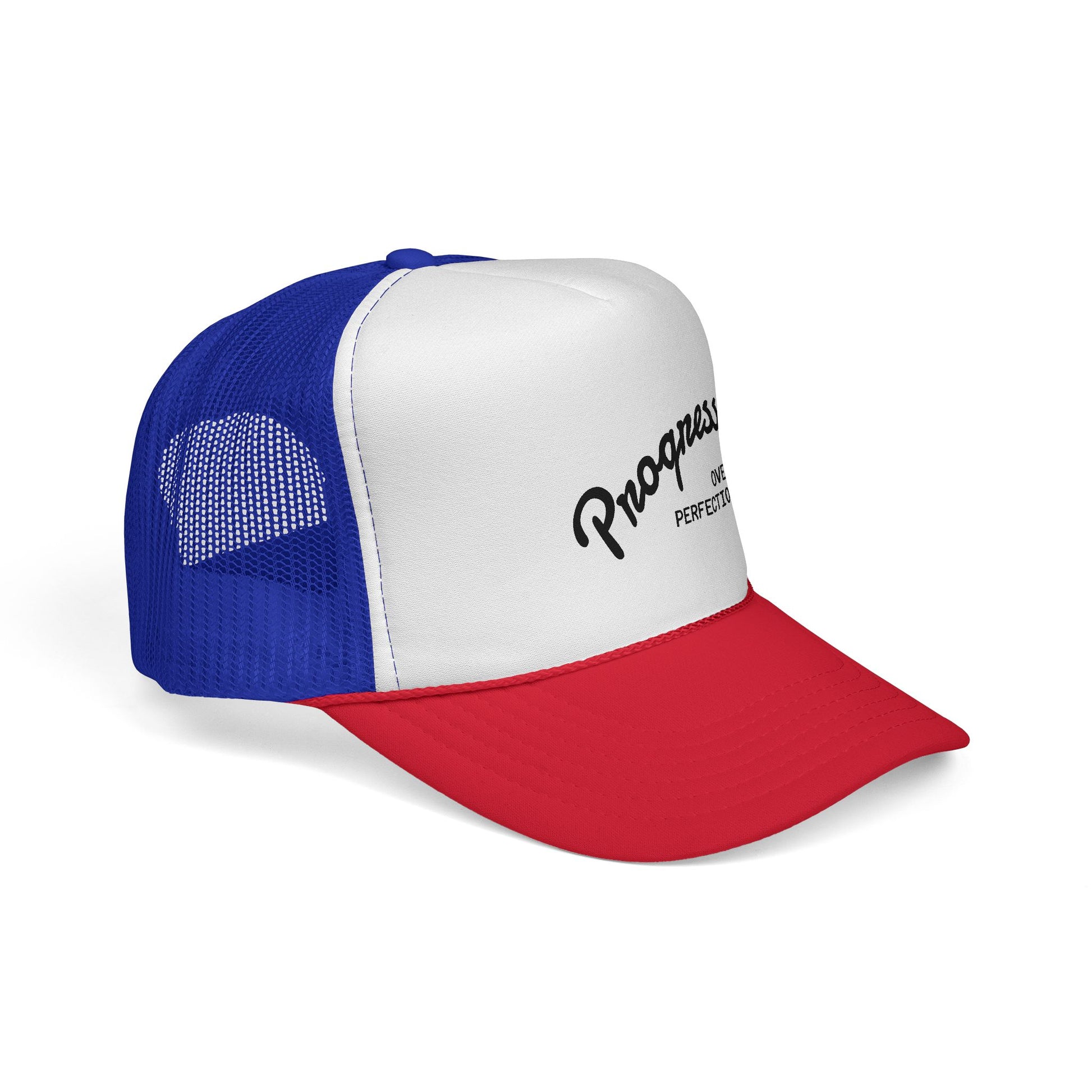 Progress Over Perfection trucker hat white front view motivational mesh cap