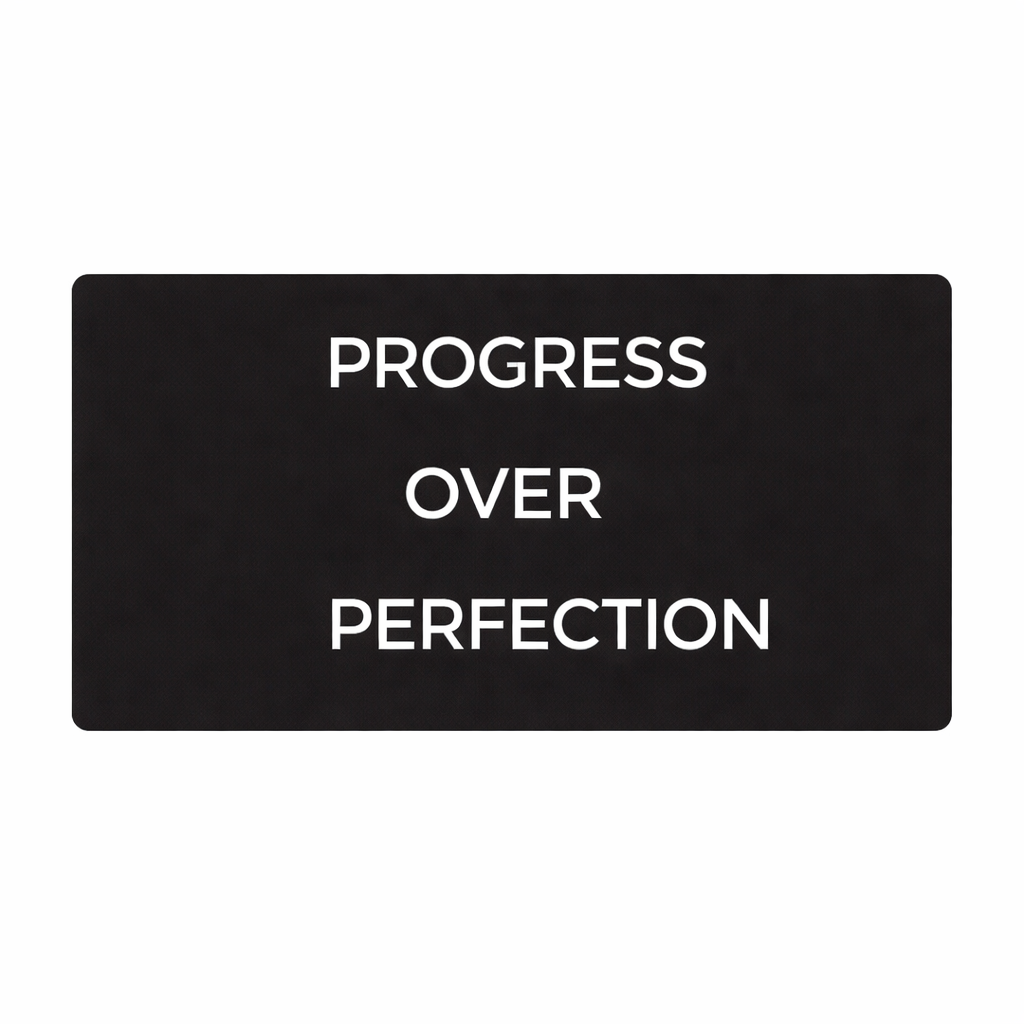 Progress Over Perfection black desk mat flat view large mouse pad motivational office decoriew