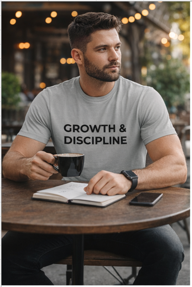 Man wearing Growth & Discipline motivational t-shirt while working at desk with coffee and journal