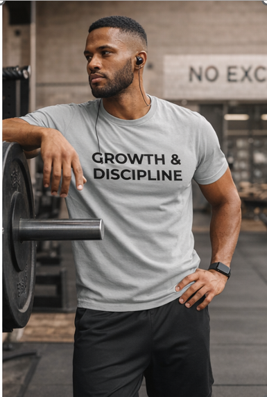 Man wearing a Growth & Discipline mindset t-shirt in a gym setting.