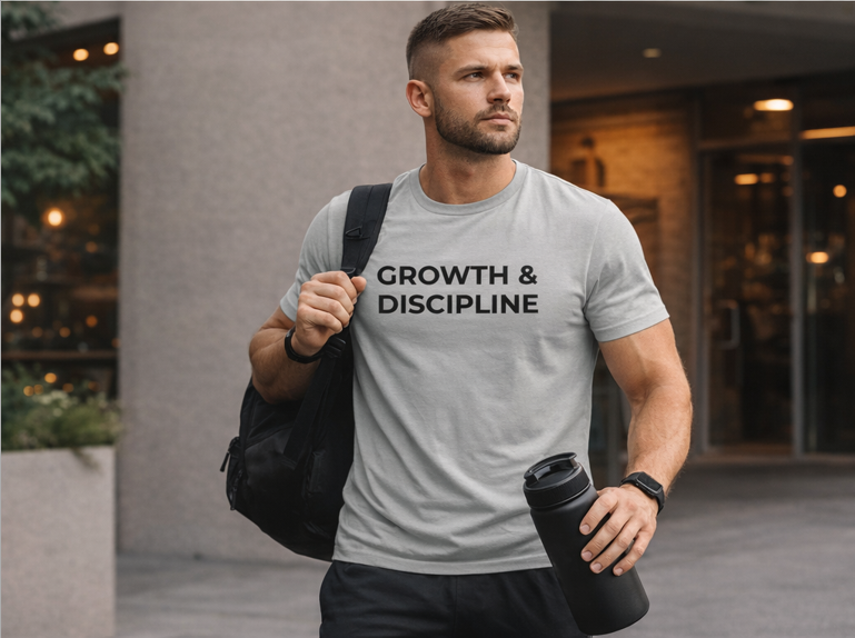 Athletic person wearing Growth & Discipline grey unisex t-shirt fitness motivation apparel, holding a black bag and a black cup.