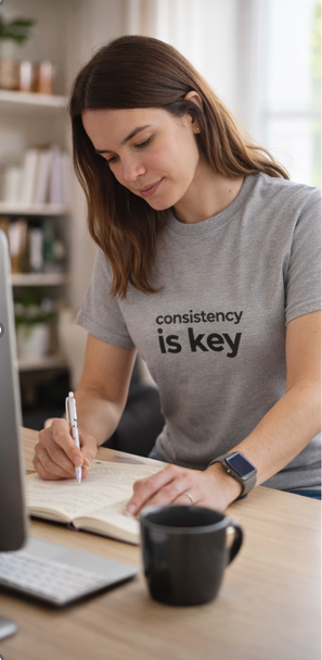 Photo of woman wearing "Consistency is Key" lifestyle motivational mindset tshirt journaling 